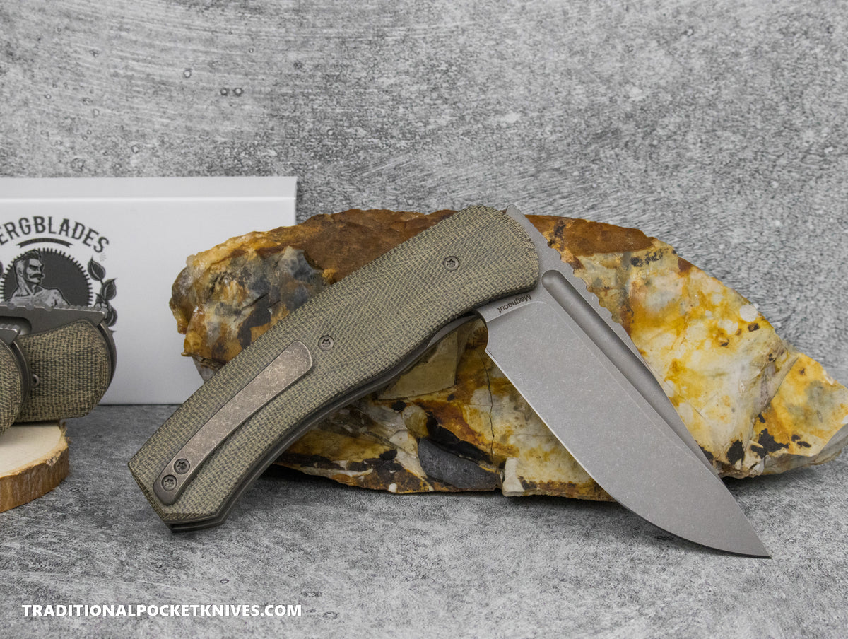 BergBlades Alpha Liner Lock Green Micarta Sandblast Stonewash Magnacut