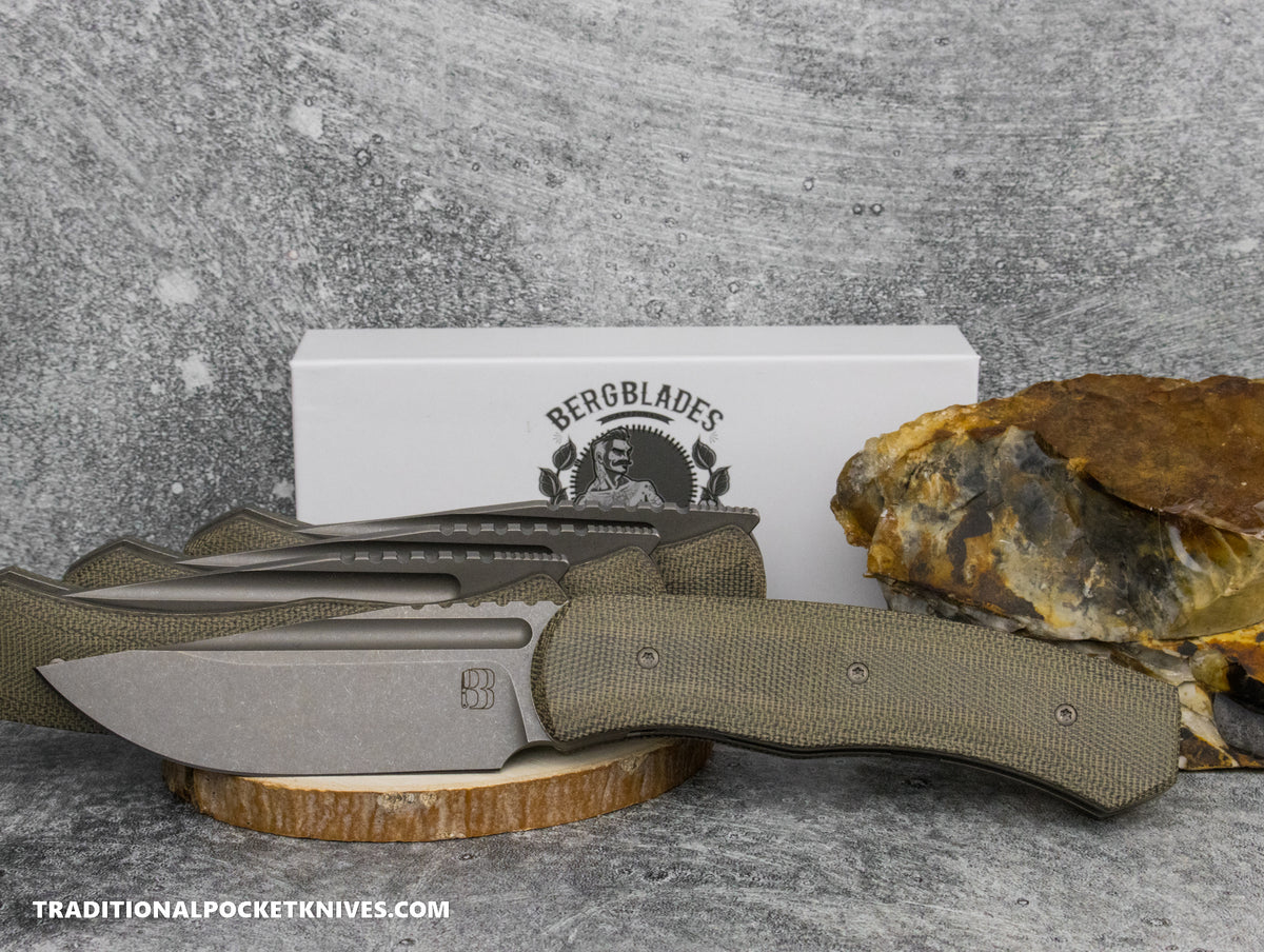 BergBlades Alpha Liner Lock Green Micarta Sandblast Stonewash Magnacut