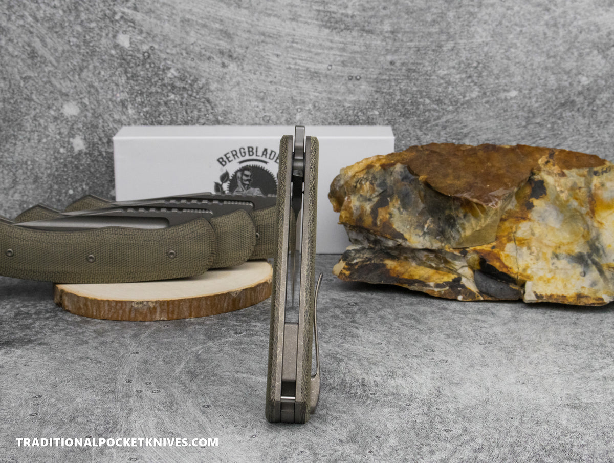 BergBlades Alpha Liner Lock Green Micarta Sandblast Stonewash Magnacut