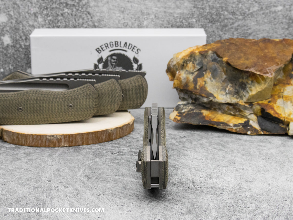 BergBlades Alpha Liner Lock Green Micarta Sandblast Stonewash Magnacut
