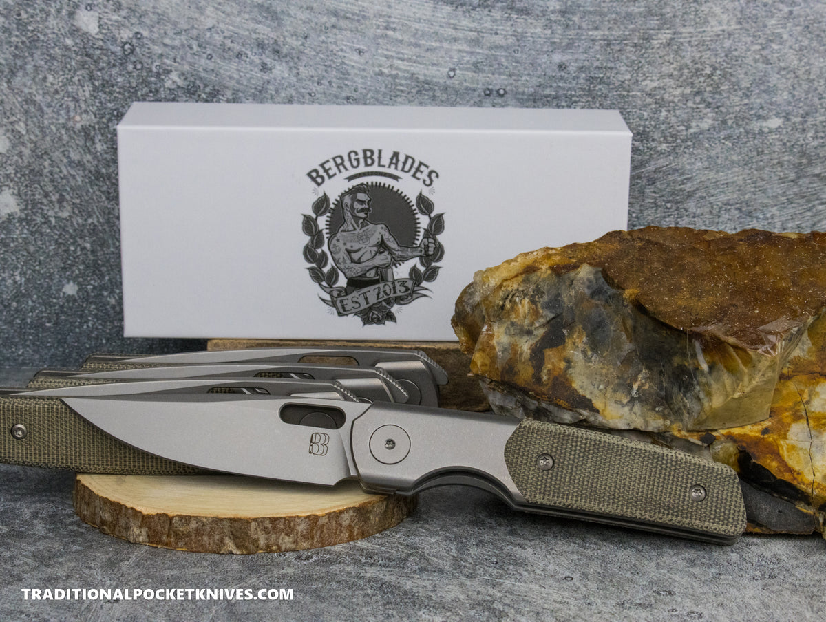 BergBlades Mini Sweeney Green Micarta Light Sandblast and Stonewashed Titanium Light Sandblast and Stonewashed Magnacut