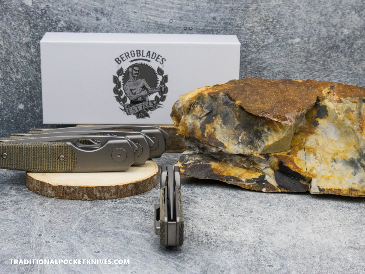 BergBlades Mini Sweeney Green Micarta Light Sandblast and Stonewashed Titanium Light Sandblast and Stonewashed Magnacut