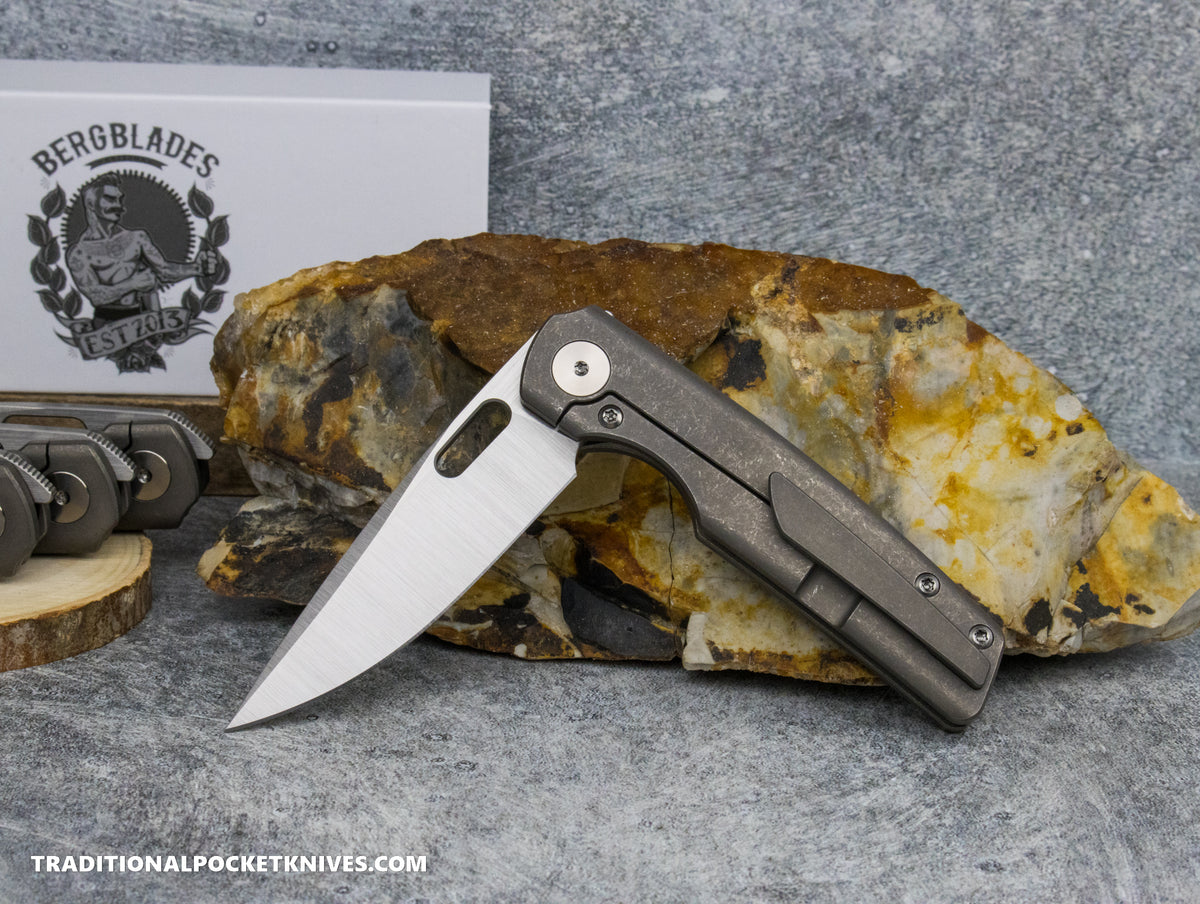 BergBlades Mini Sweeney *LEFTY* Dark Sandblast and Stonewashed Titanium Machine Satin Magnacut