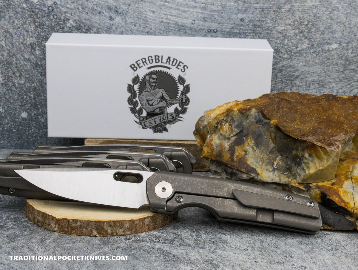 BergBlades Mini Sweeney *LEFTY* Dark Sandblast and Stonewashed Titanium Machine Satin Magnacut