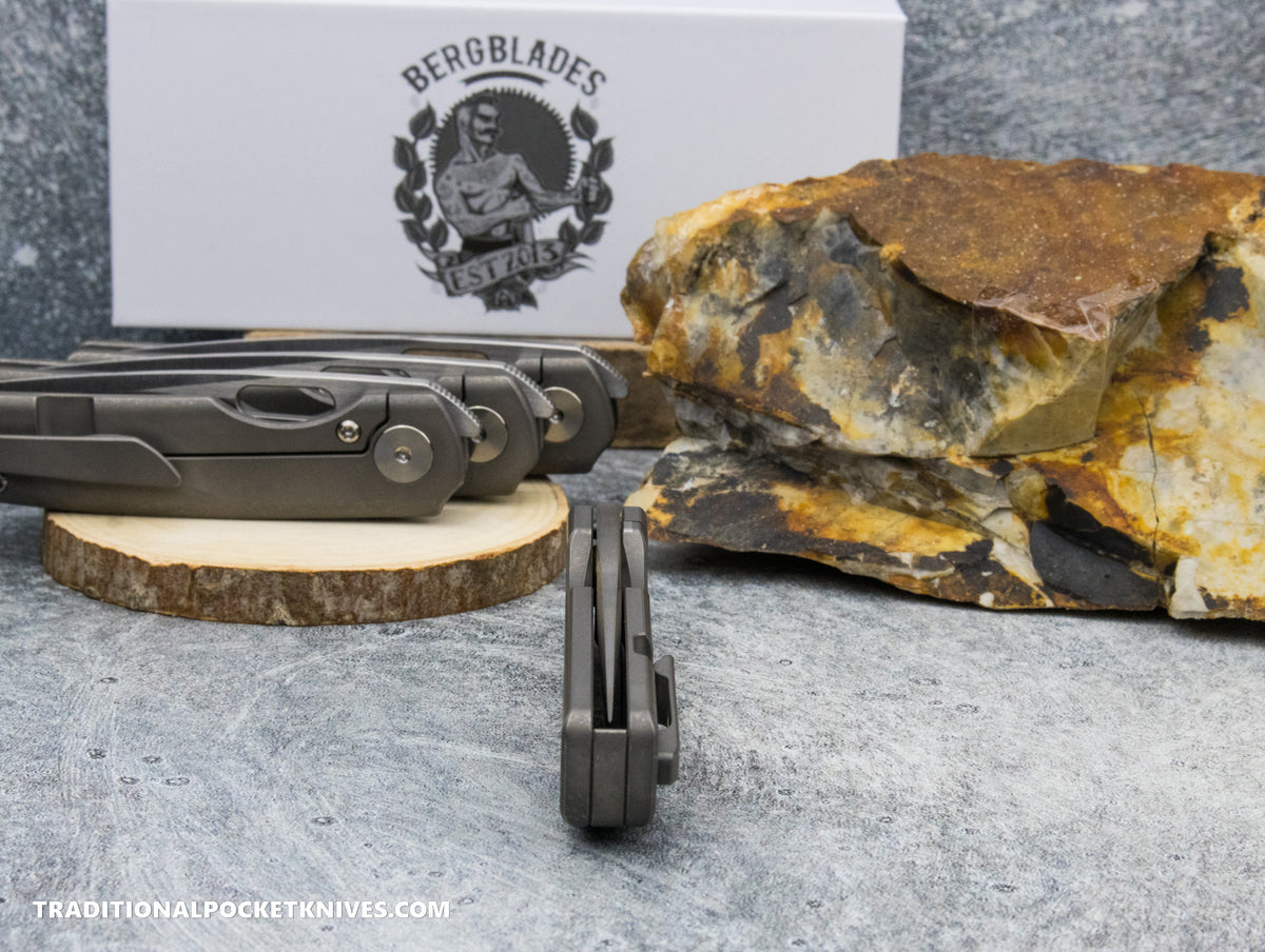 BergBlades Mini Sweeney *LEFTY* Dark Sandblast and Stonewashed Titanium Machine Satin Magnacut