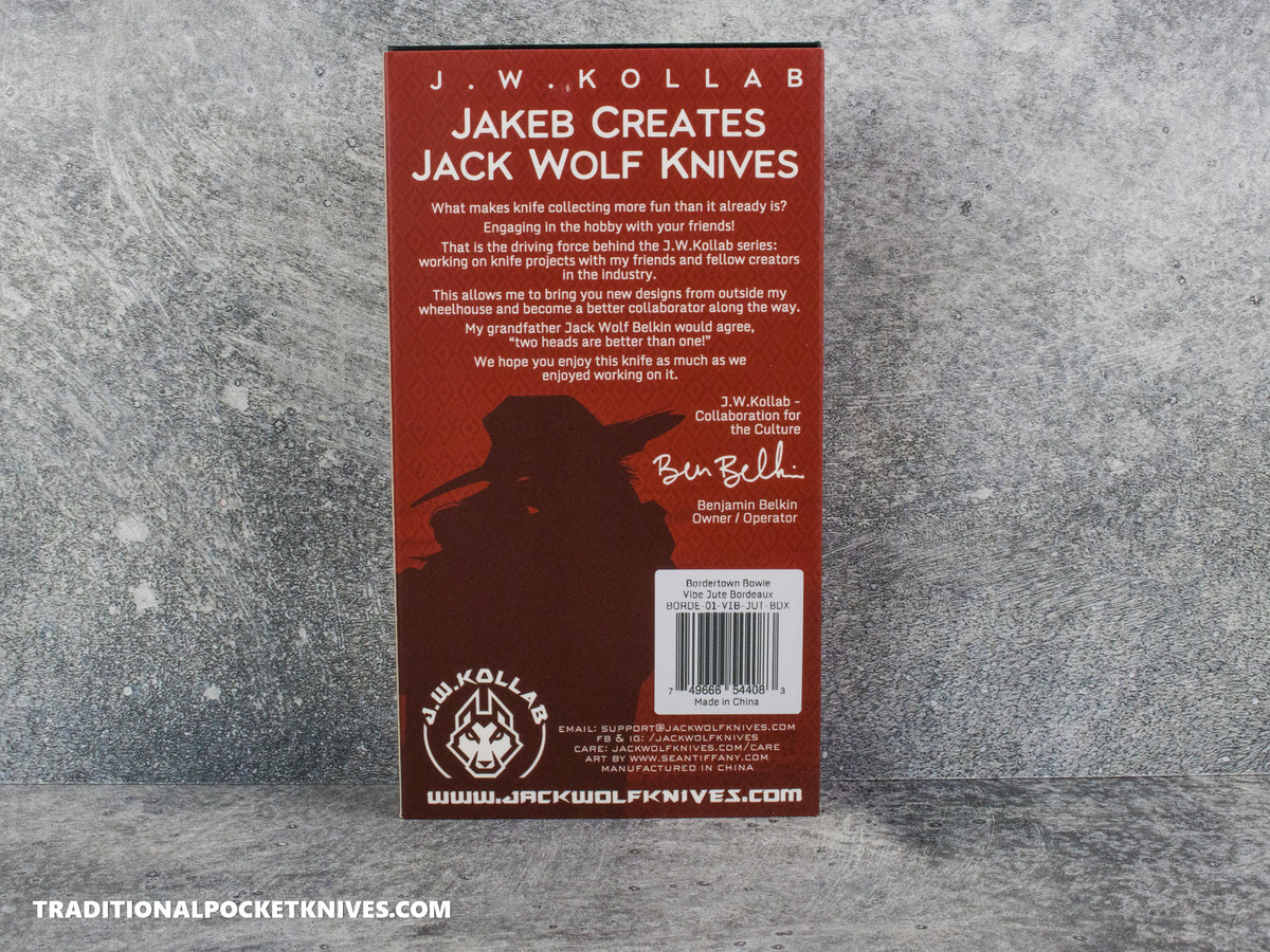 Jack Wolf Knives Bordertown Bowie Vibe Bordeaux Jute Micarta - J.W. Kollab Series
