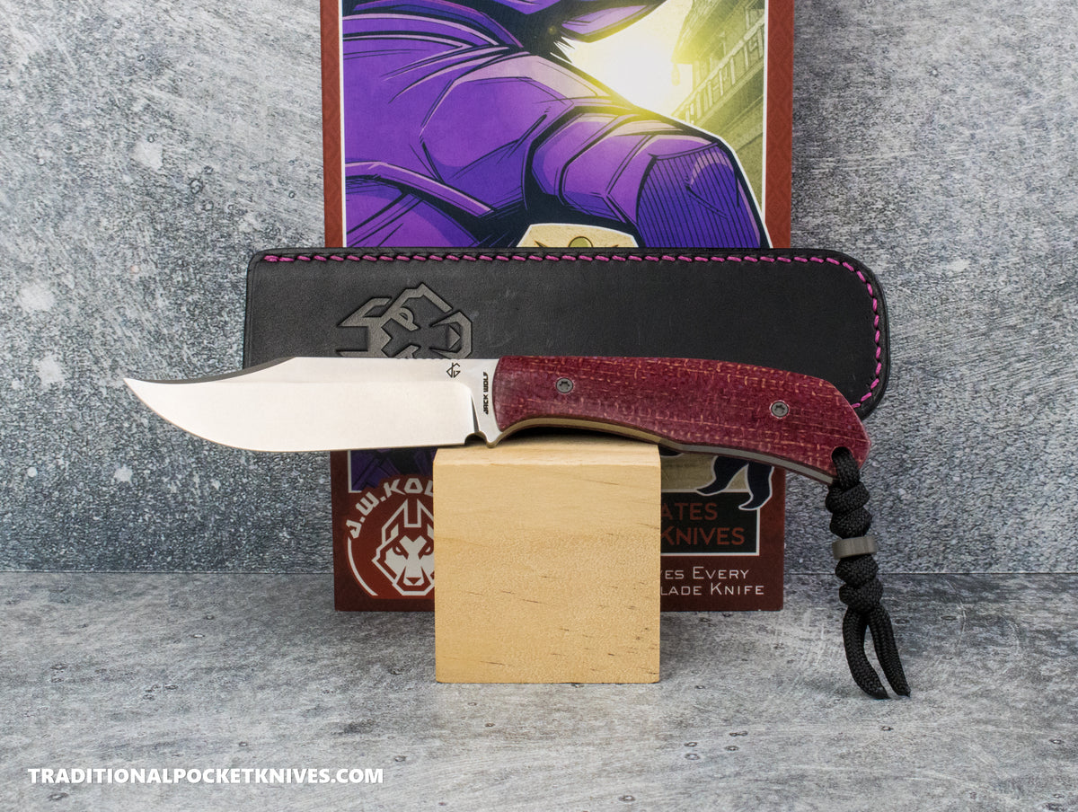 Jack Wolf Knives Bordertown Bowie Vibe Bordeaux Jute Micarta - J.W. Kollab Series