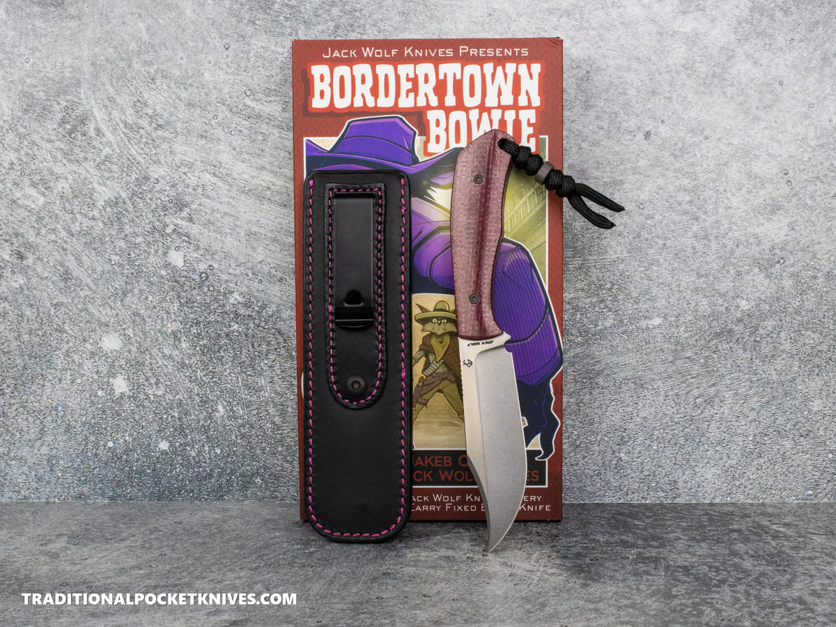 Jack Wolf Knives Bordertown Bowie Vibe Bordeaux Jute Micarta - J.W. Kollab Series