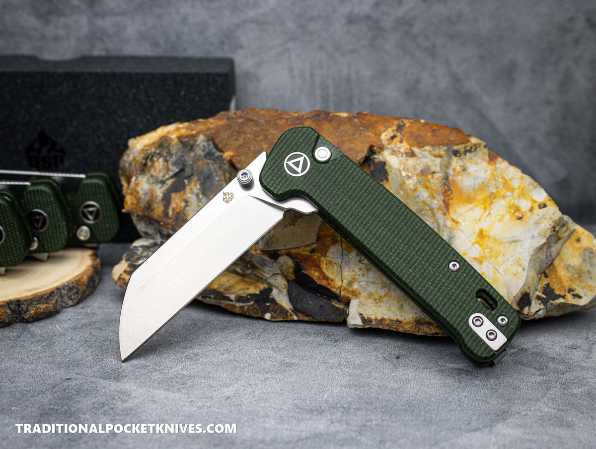 QSP Penguin Button Lock Knife QS130BL-C1 Green Micarta 14C28N Stonewashed Steel