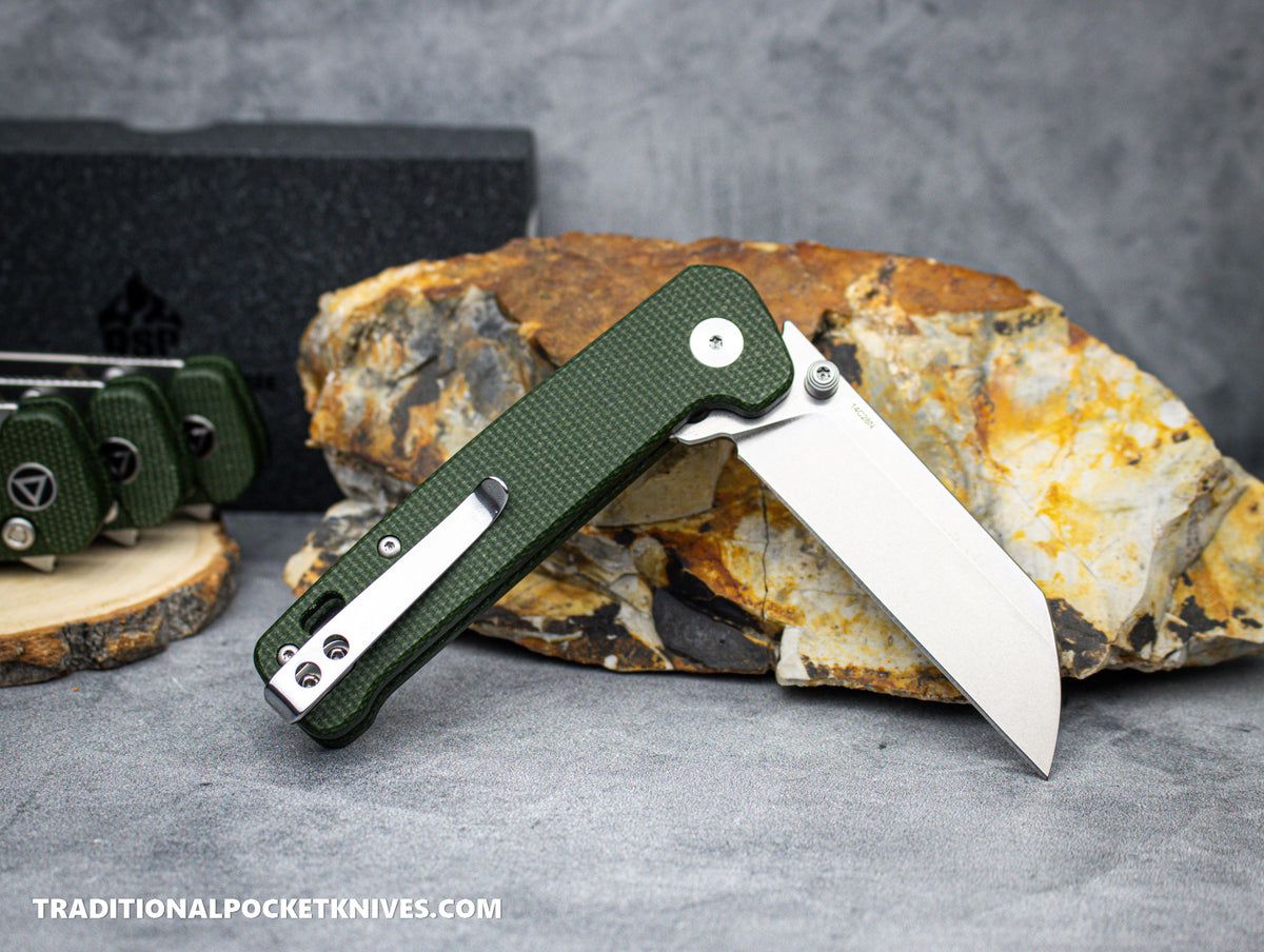 QSP Penguin Button Lock Knife QS130BL-C1 Green Micarta 14C28N Stonewashed Steel