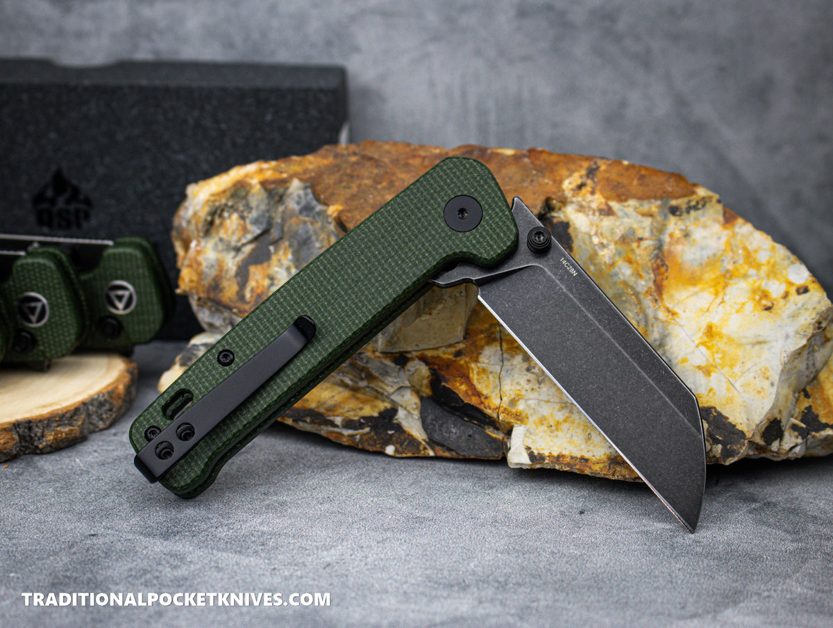 QSP Penguin Button Lock Knife QS130BL-C2 Green Micarta 14C28N Blackwashed Steel