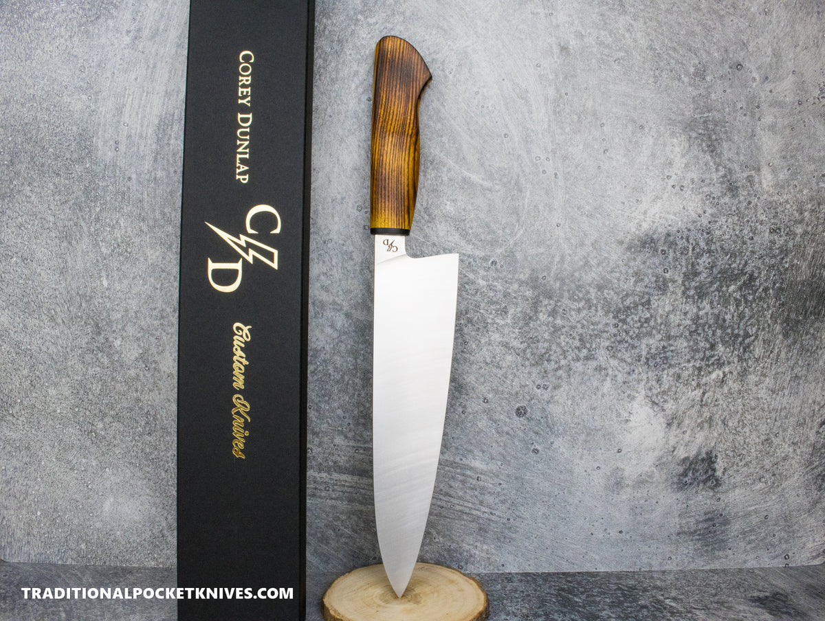 Corey Dunlap Custom Knives Inazuma Western Chef Knife Seared Osage Wood 8.5&quot; AEB-L Belt Satin #1