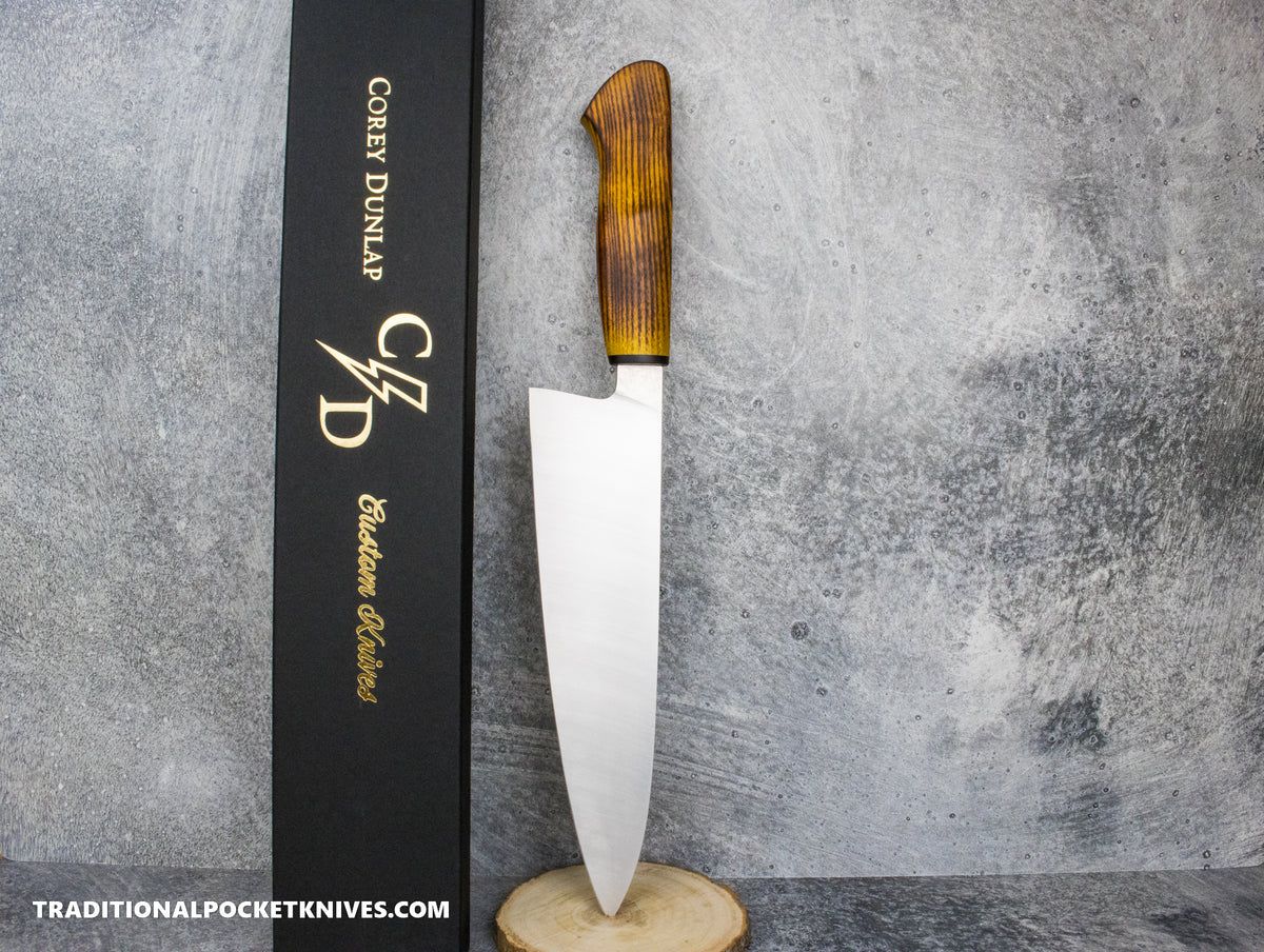 Corey Dunlap Custom Knives Inazuma Western Chef Knife Seared Osage Wood 8.5&quot; AEB-L Belt Satin #1