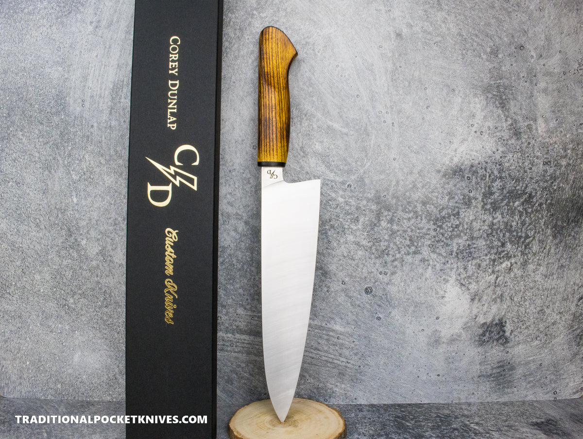 Corey Dunlap Custom Knives Inazuma Western Chef Knife Seared Osage Wood 8.5&quot; AEB-L Belt Satin #2