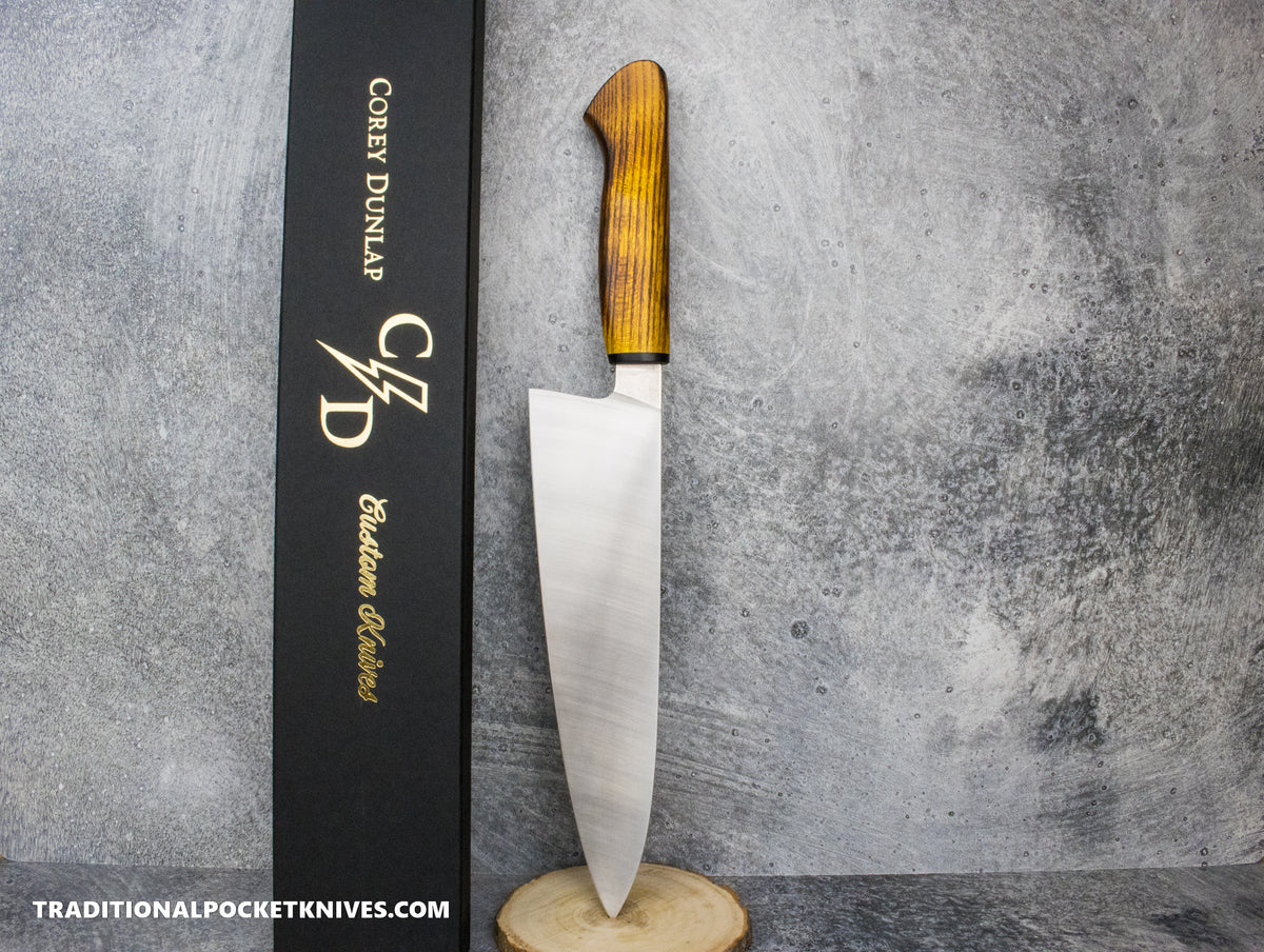 Corey Dunlap Custom Knives Inazuma Western Chef Knife Seared Osage Wood 8.5&quot; AEB-L Belt Satin #2
