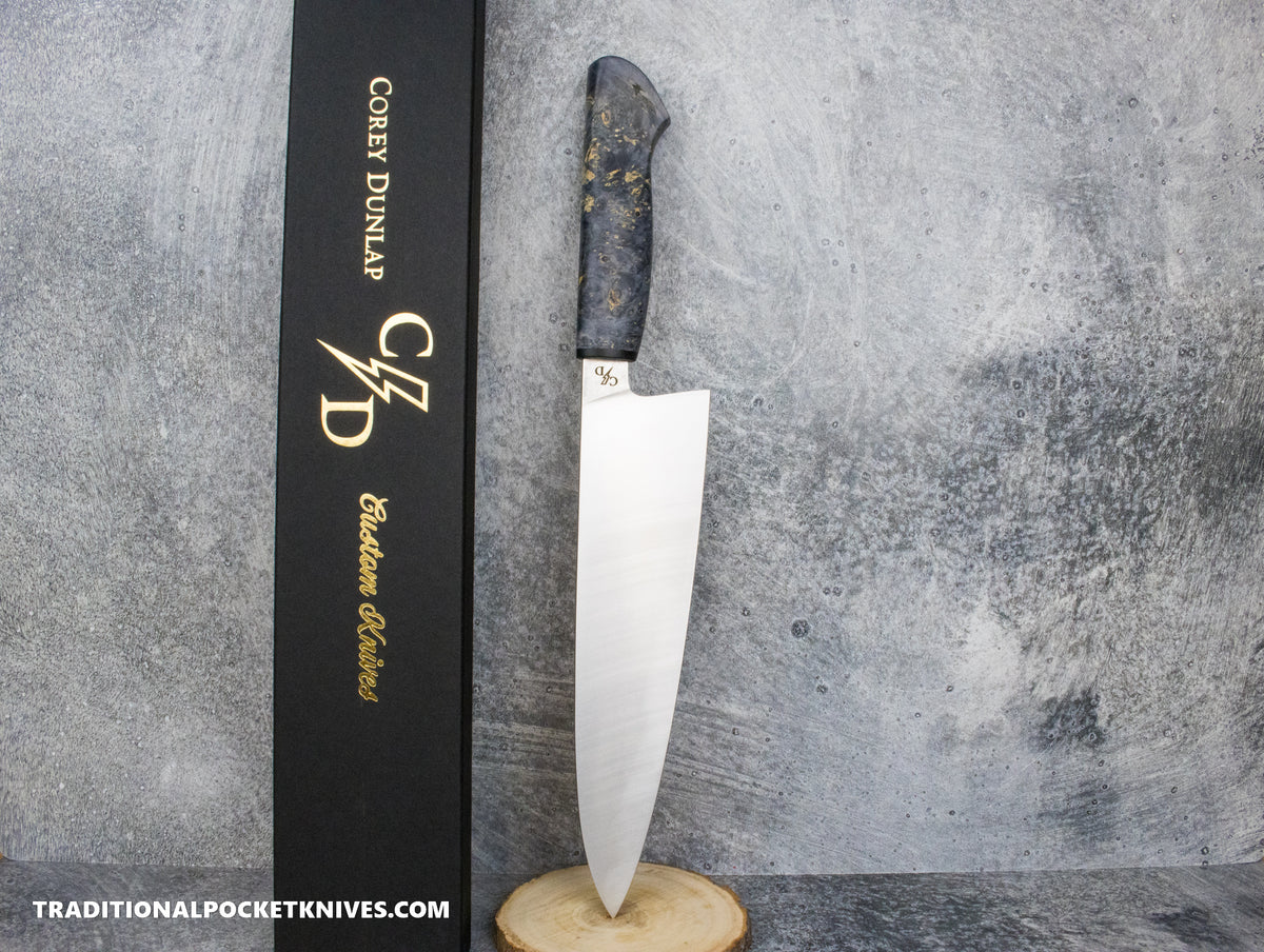 Corey Dunlap Custom Knives Inazuma Western Chef Knife Burlwood 8.5&quot; AEB-L Belt Satin #2