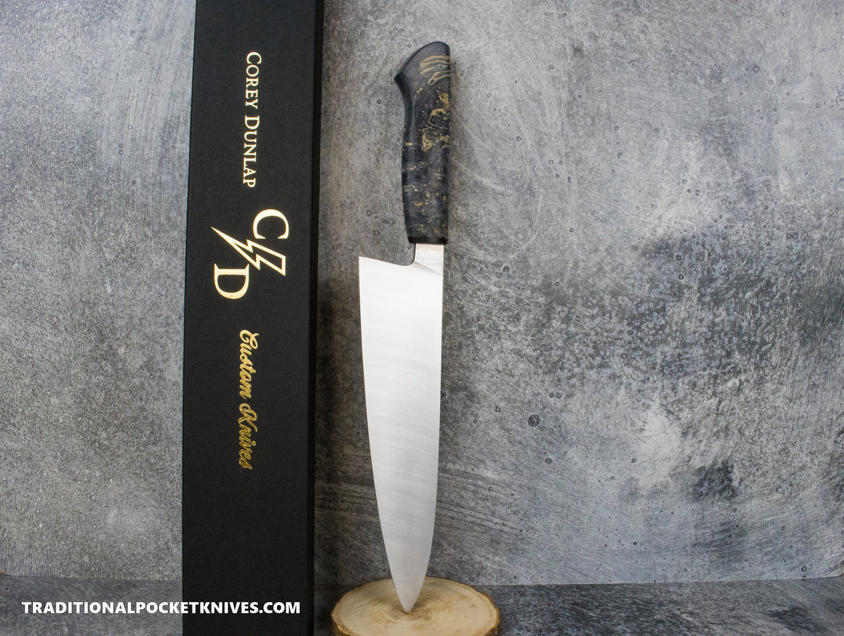 Corey Dunlap Custom Knives Inazuma Western Chef Knife Burlwood 8.5&quot; AEB-L Belt Satin #2