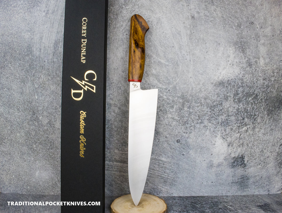 Corey Dunlap Custom Knives Inazuma Western Chef Knife Ironwood 8.5&quot; AEB-L Belt Satin #1