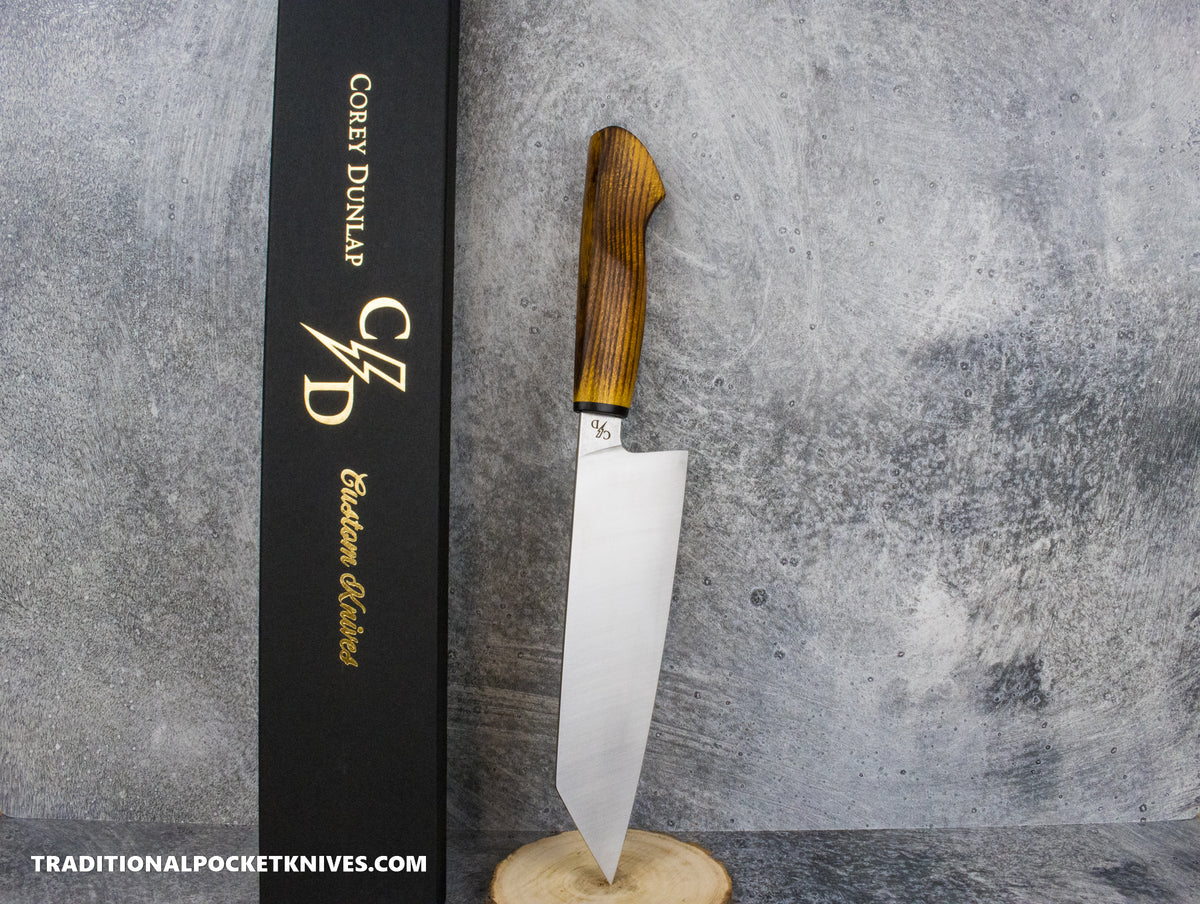Corey Dunlap Custom Knives Inazuma Western Bunka Knife Seared Osage Wood 7.25&quot; AEB-L Belt Satin #1