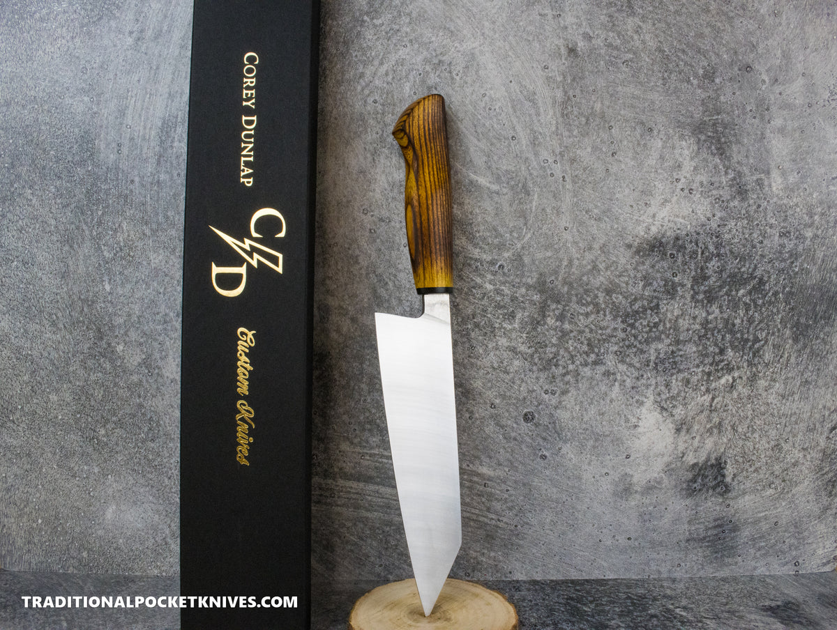 Corey Dunlap Custom Knives Inazuma Western Bunka Knife Seared Osage Wood 7.25&quot; AEB-L Belt Satin #1