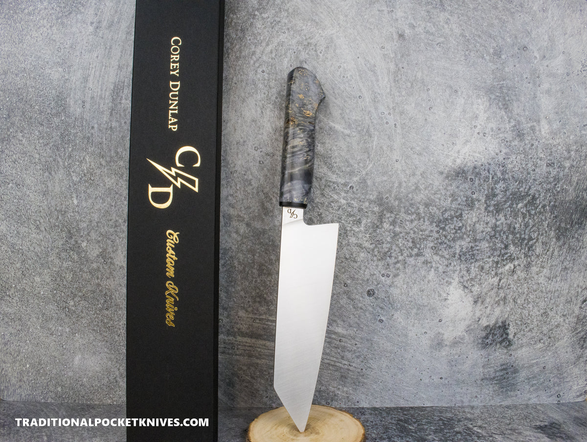 Corey Dunlap Custom Knives Inazuma Western Bunka Knife Burlwood 7.25&quot; AEB-L Belt Satin #1