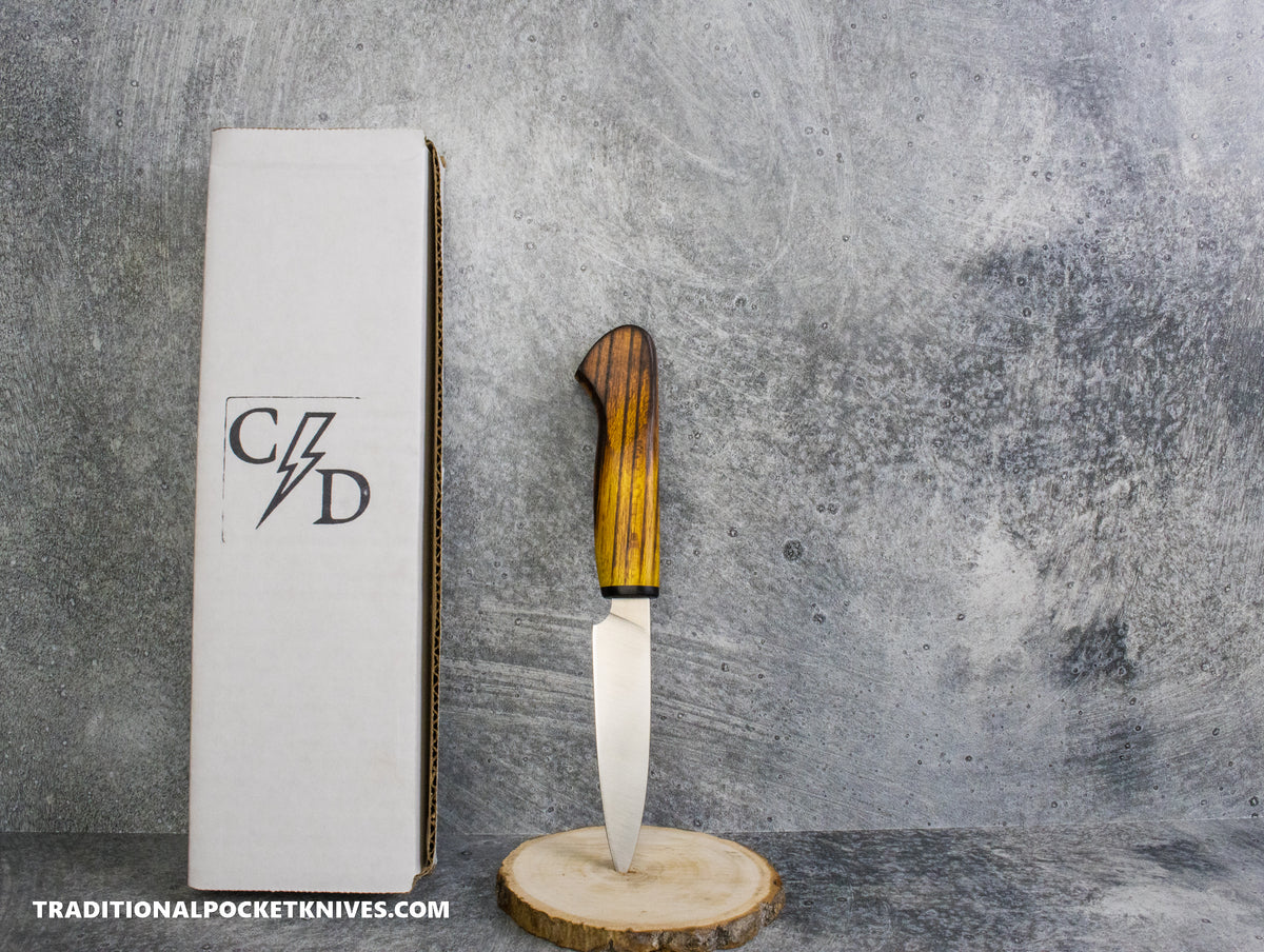 Corey Dunlap Custom Knives Inazuma Paring Knife Seared Osage Wood 4" AEB-L Belt Satin