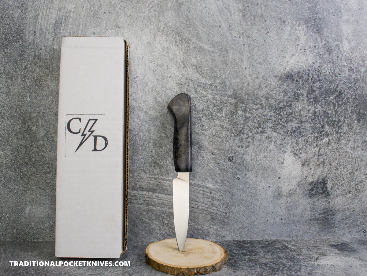 Corey Dunlap Custom Knives Inazuma Paring Knife Burlwood 4" AEB-L Belt Satin