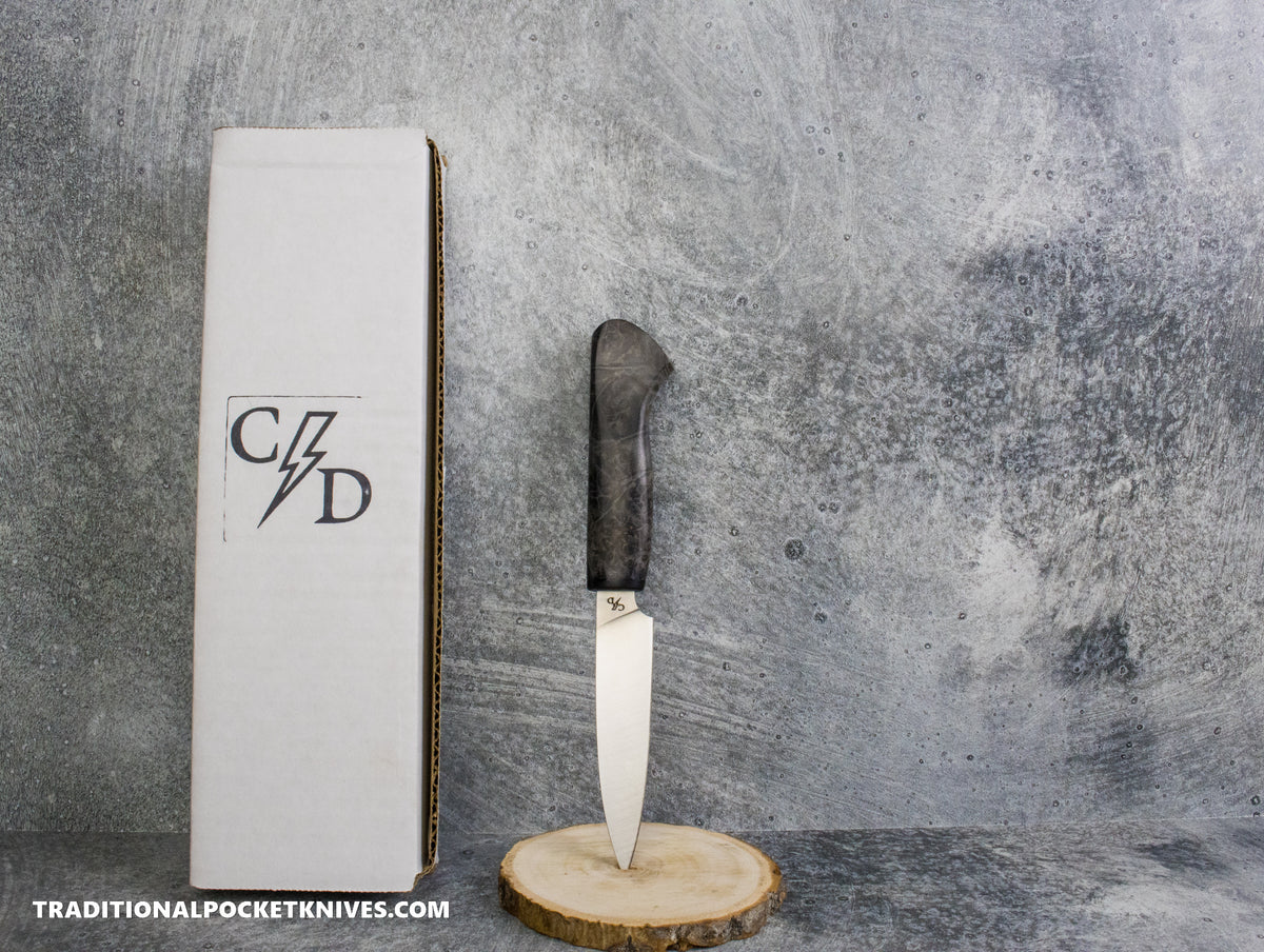 Corey Dunlap Custom Knives Inazuma Paring Knife Burlwood 4" AEB-L Belt Satin