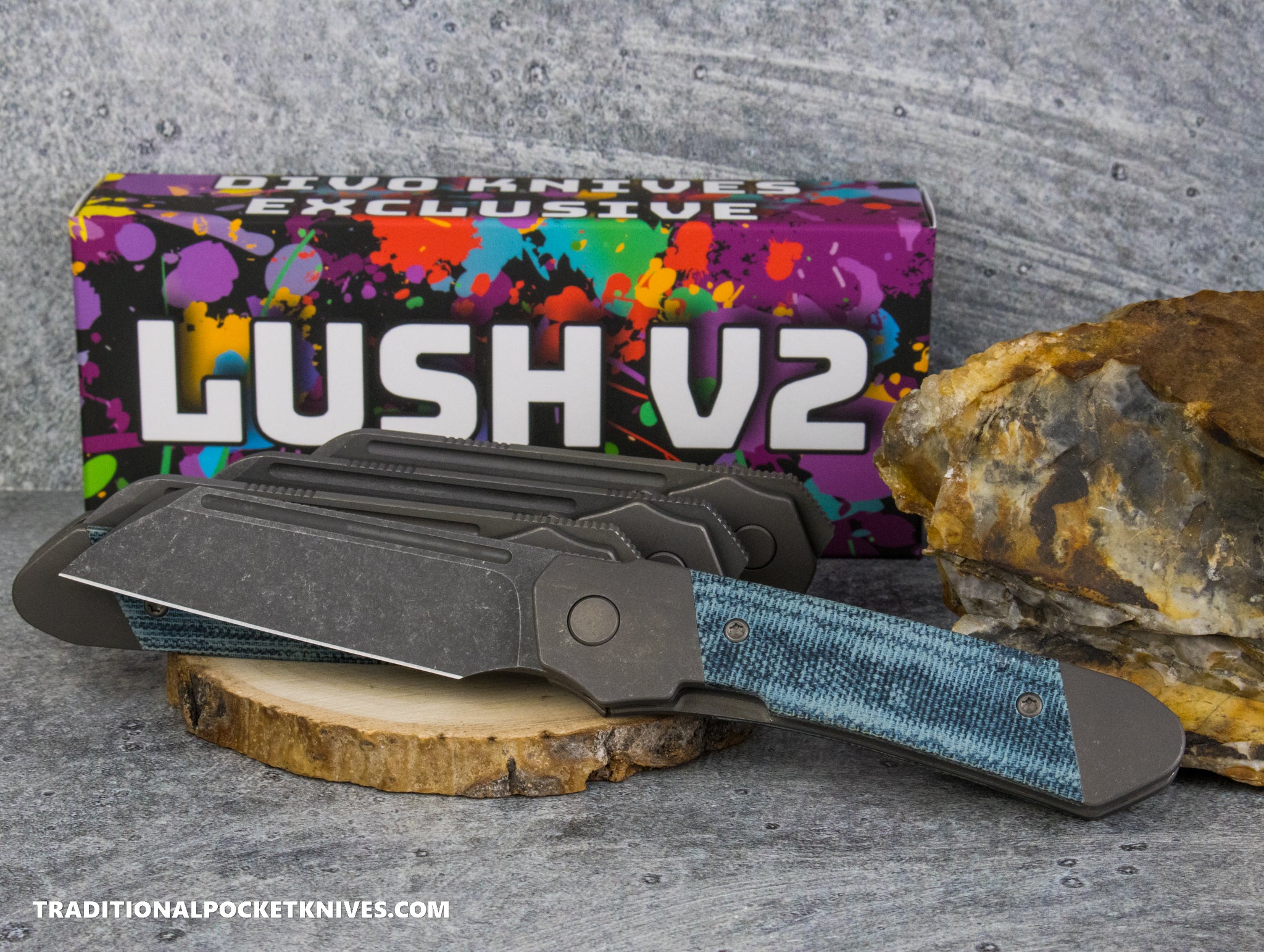 Divo Knives Exclusive Lush V2: Righty - Blue Denim Micarta Vanax