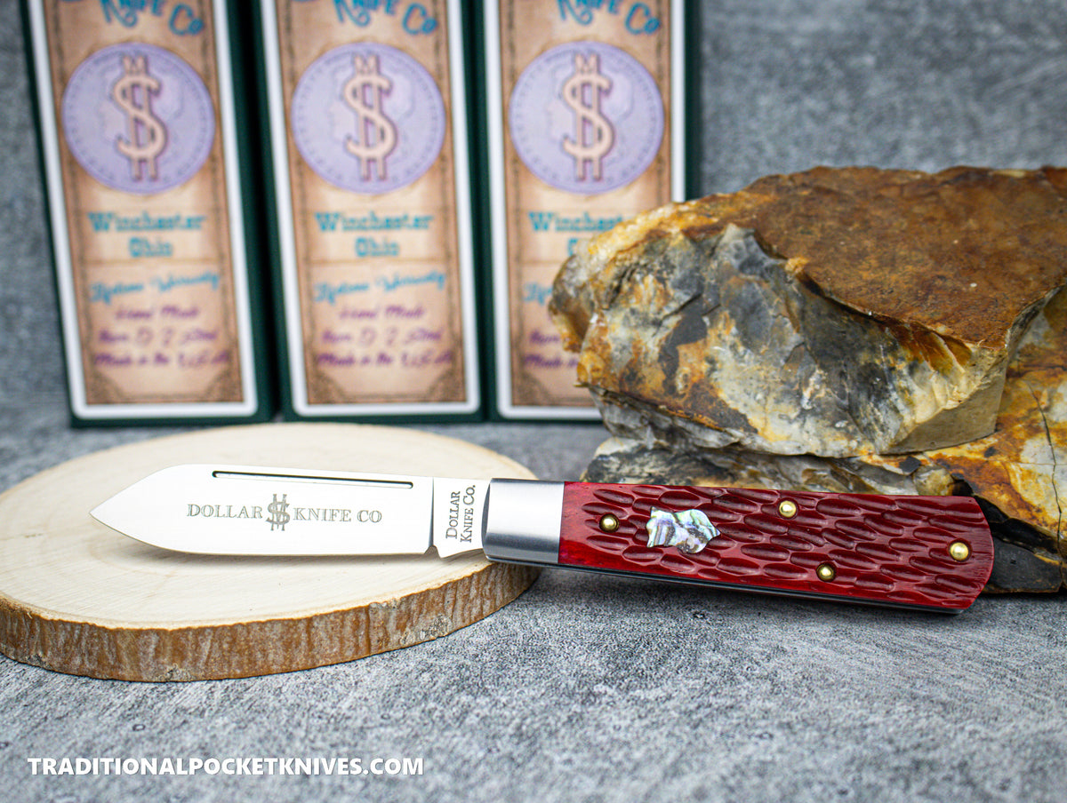 Cooper Cutlery Dollar Knife Co. Red Jigged Bone Abalone Shield Jack (RJB AS)