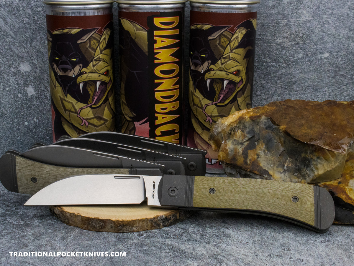 Jack Wolf Knives Diamondback Jack Green Linen Micarta Stonewash