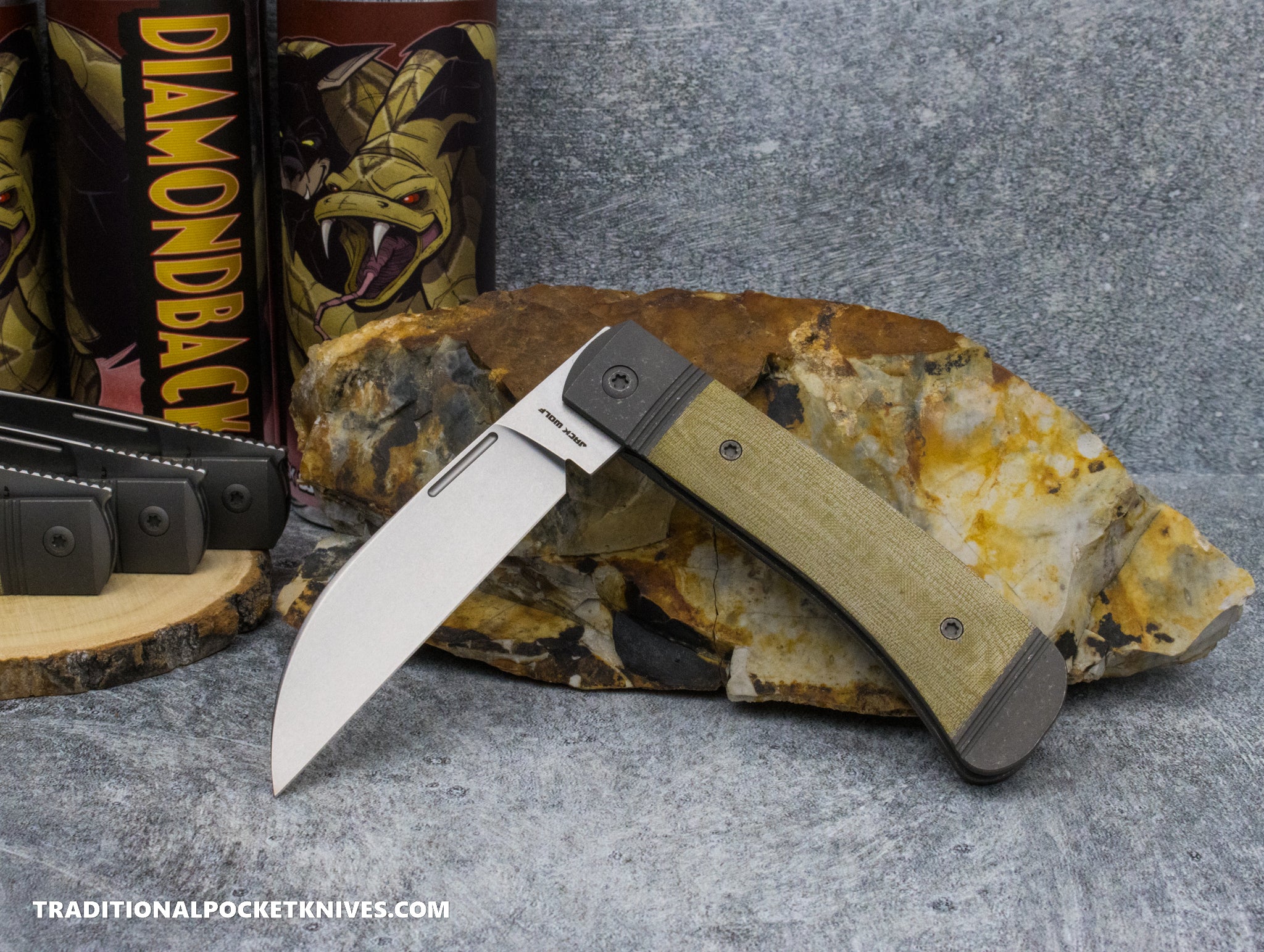 Diamondback backwater DGS800 9010 フライ Jack Wolf Knives Diamondback Jack Green Linen Micarta Stonewash