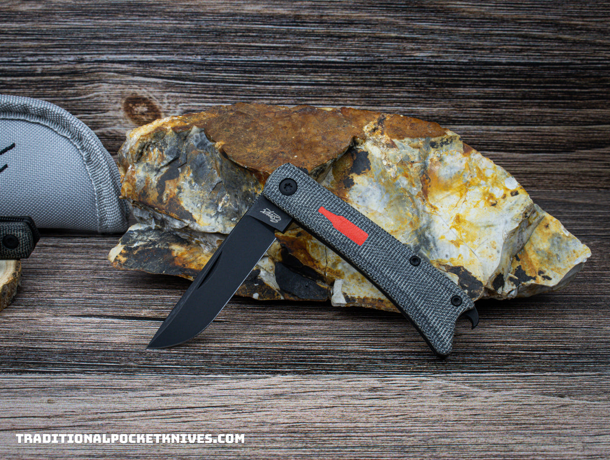 ESNYX Silver Line Beer Buster Junior Front Flipper Black Micarta PVD Clip PVD M390 Red Bottle