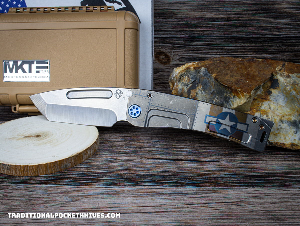 Medford Knives Marauder - &quot;H&quot; Tumbled Tanto  / S45VN / &quot;Aviation&quot; Handle / Tumbled Spring / Blue HW / Blue Clip