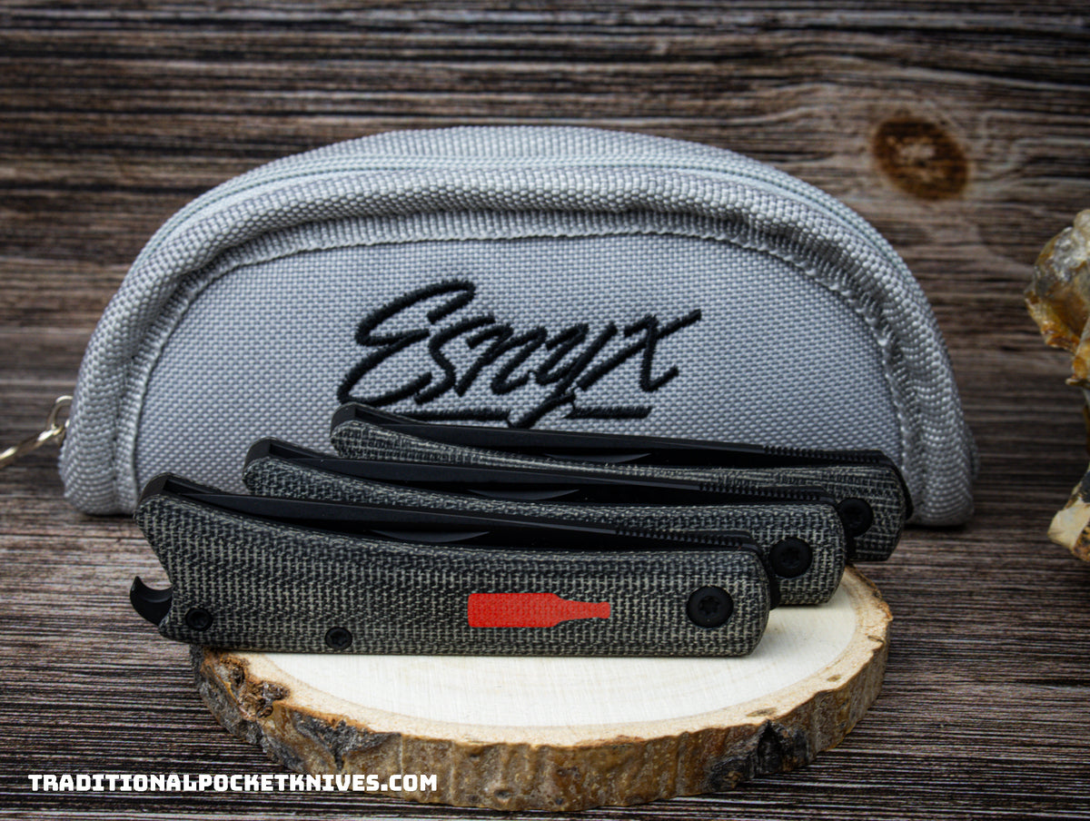 ESNYX Silver Line Beer Buster Junior Front Flipper Black Micarta PVD Clip PVD M390 Red Bottle