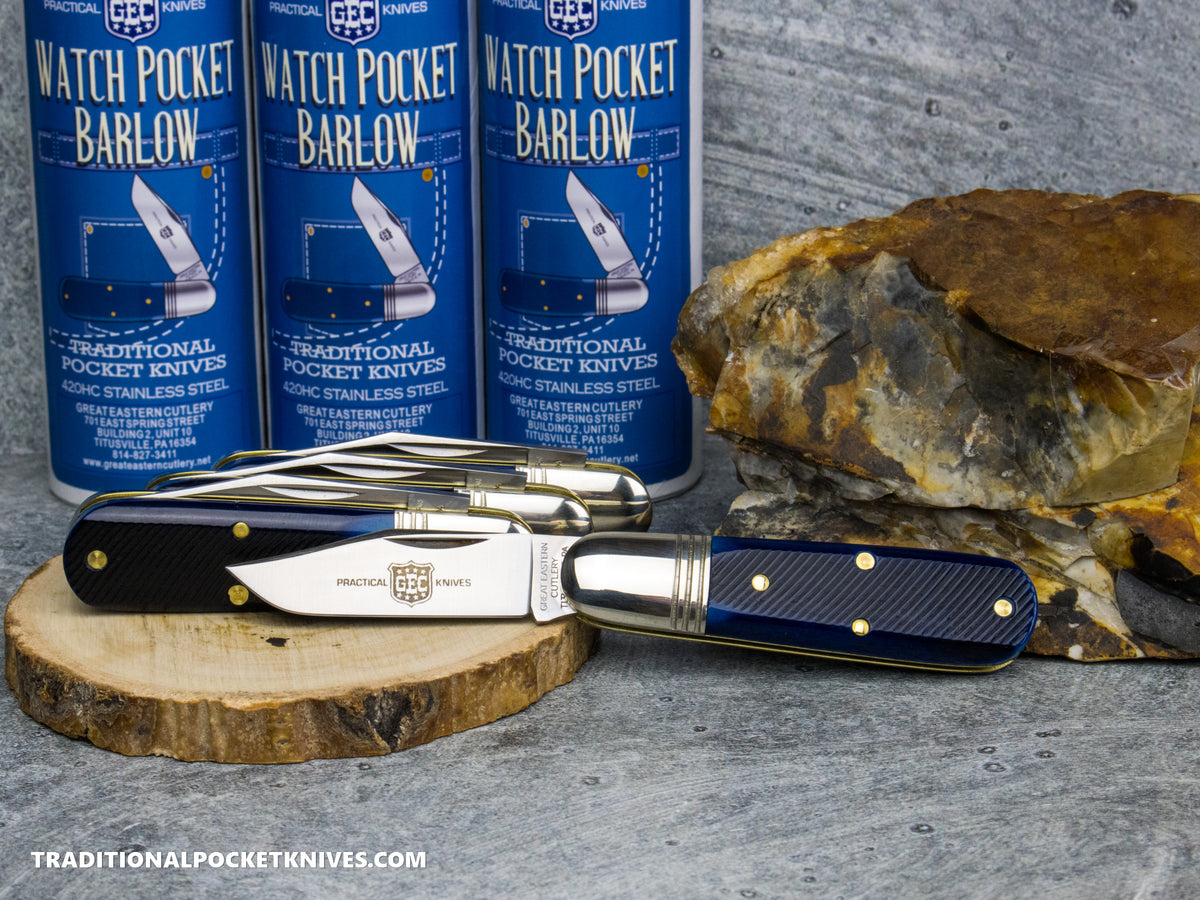 Great Eastern Cutlery #251125SS "Practical Knives" Watch Pocket Barlow Navy Blue Sawcut Bone