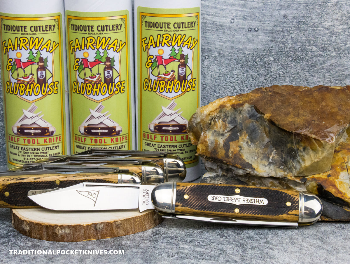 Great Eastern Cutlery #351325 Tidioute Cutlery Fairway and Club House Golf Tool Knife Sawcut Whiskey Barrel Oak