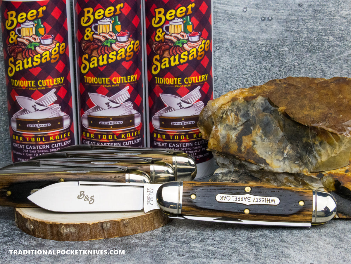 Great Eastern Cutlery #352325 Tidioute Cutlery Beer and Sausage Bar Tool Knife Charred Whiskey Barrel Oak
