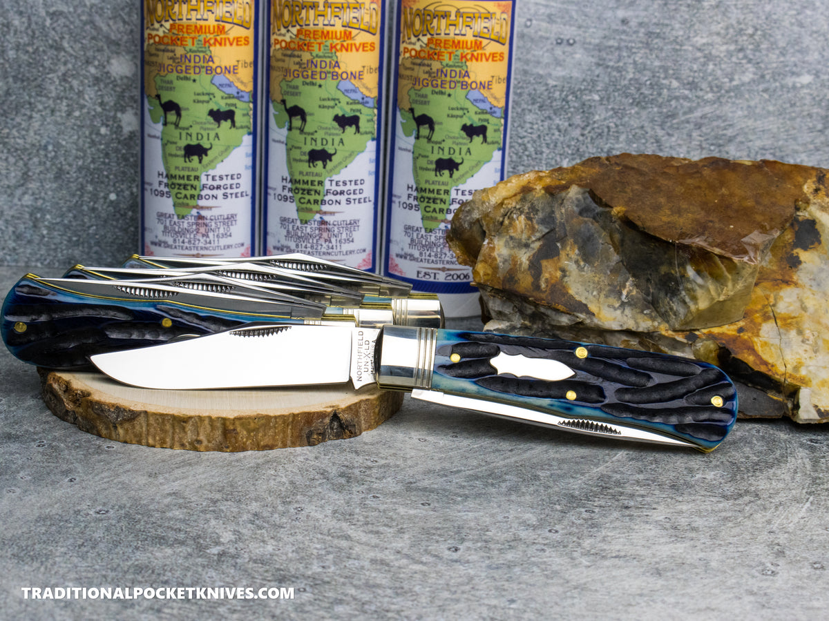 Great Eastern Cutlery #728226 Northfield UNXLD French Creek Trapper Continental Blue India Jigged Bone