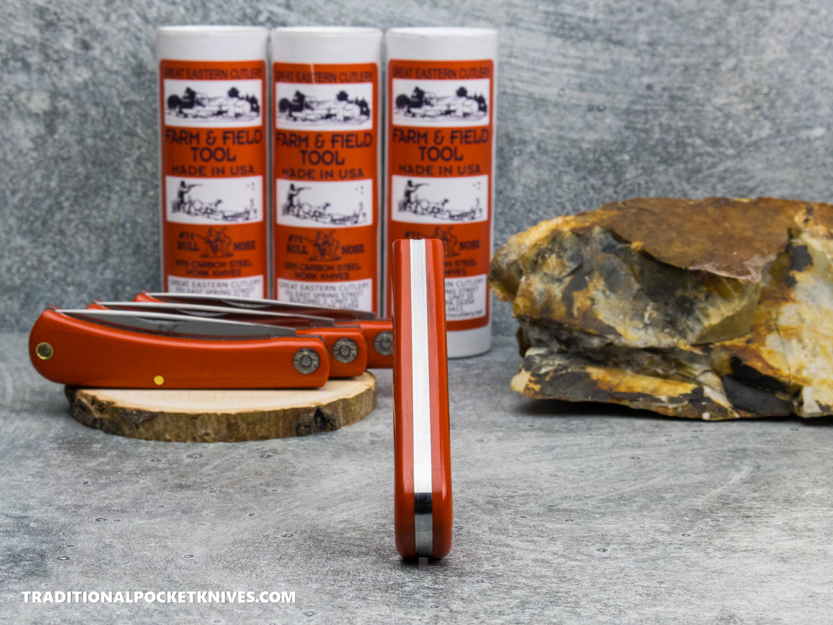 Great Eastern Cutlery #715126 Farm and Field Tool Bull Nose Work Knife Orange Linen Micarta