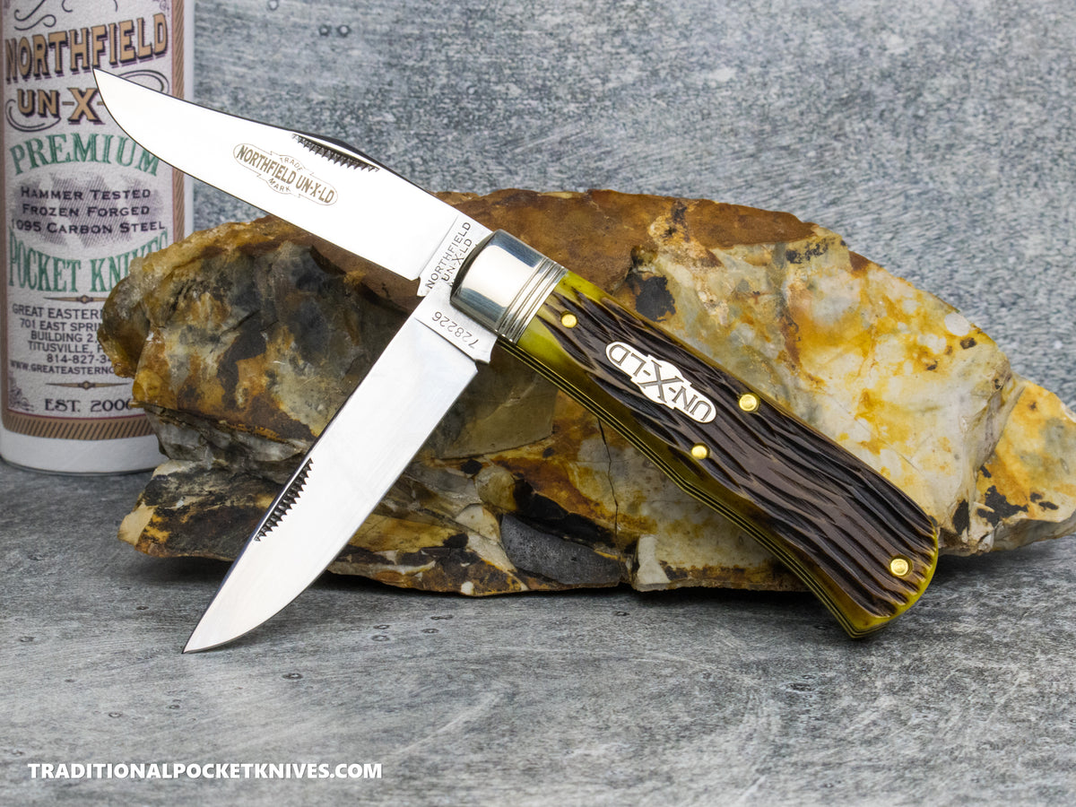 Great Eastern Cutlery #728226 Northfield UNXLD French Creek Trapper Antique Yellow Jigged Bone