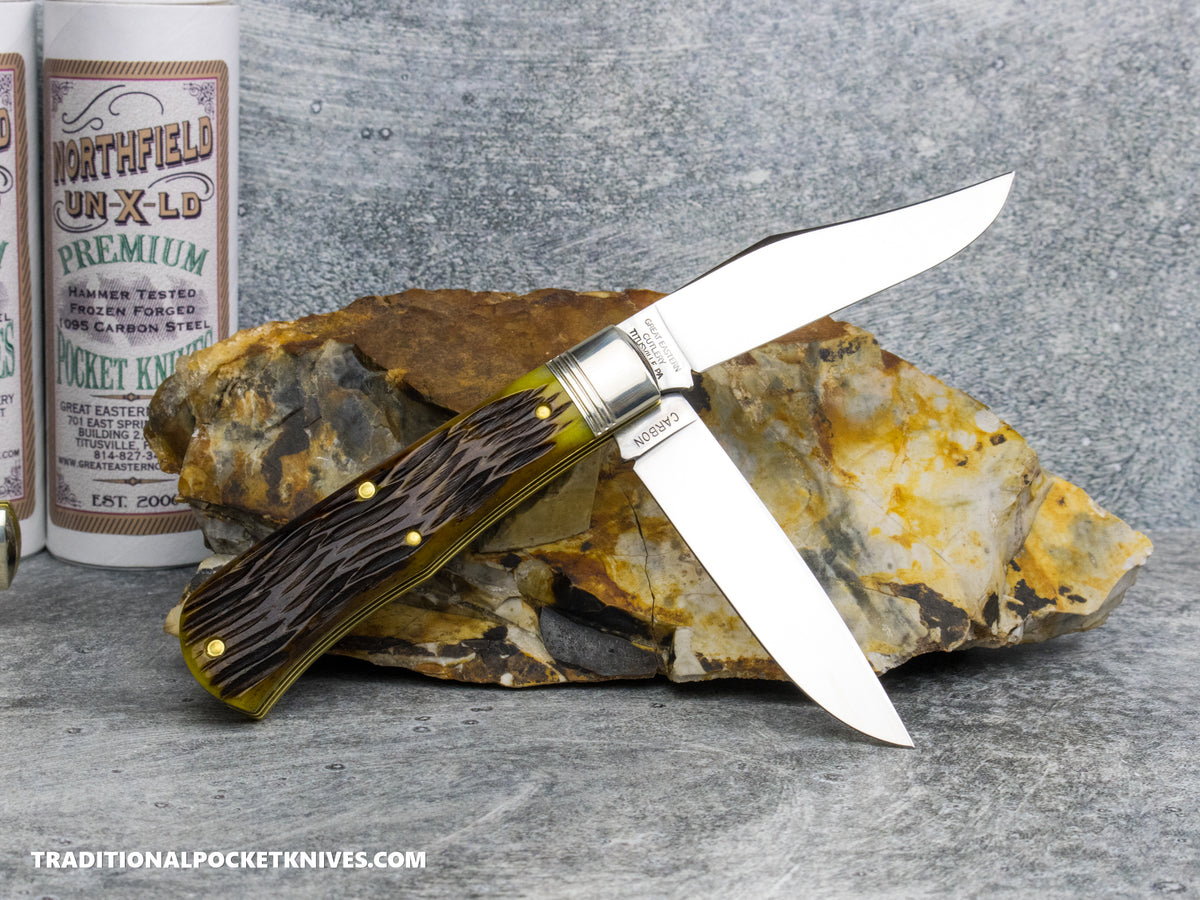 Great Eastern Cutlery #728226 Northfield UNXLD French Creek Trapper Antique Yellow Jigged Bone