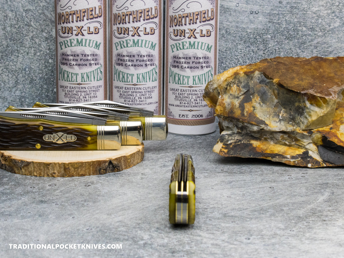 Great Eastern Cutlery #728226 Northfield UNXLD French Creek Trapper Antique Yellow Jigged Bone