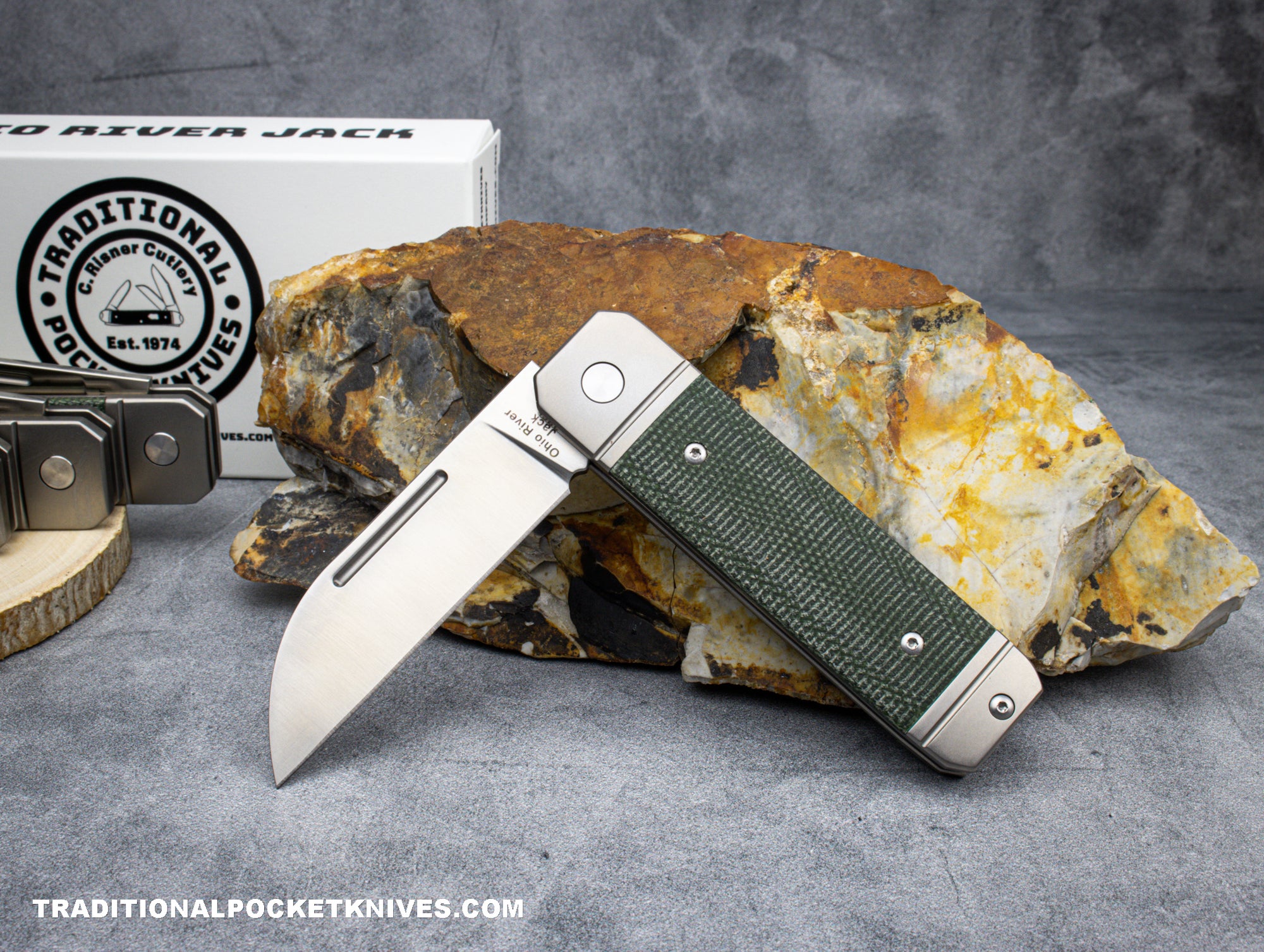 Ohio River Jack: Single Wharncliffe Green Canvas Micarta