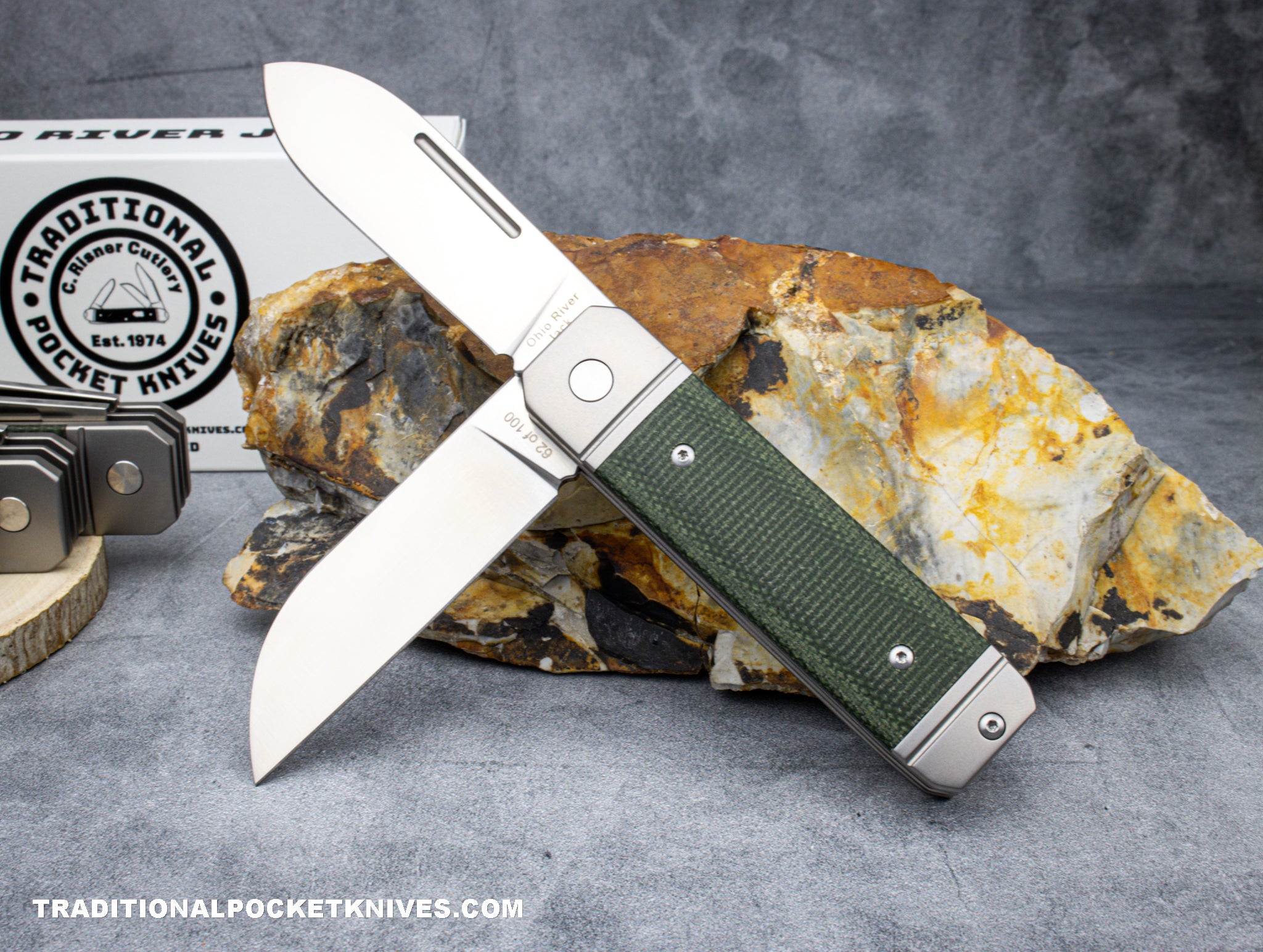 Ohio River Jack: Double Blade Green Canvas Micarta - C. Risner