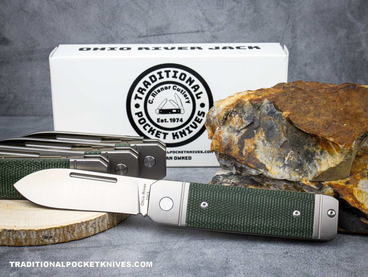 Ohio River Jack: Single Spearpoint Green Canvas Micarta