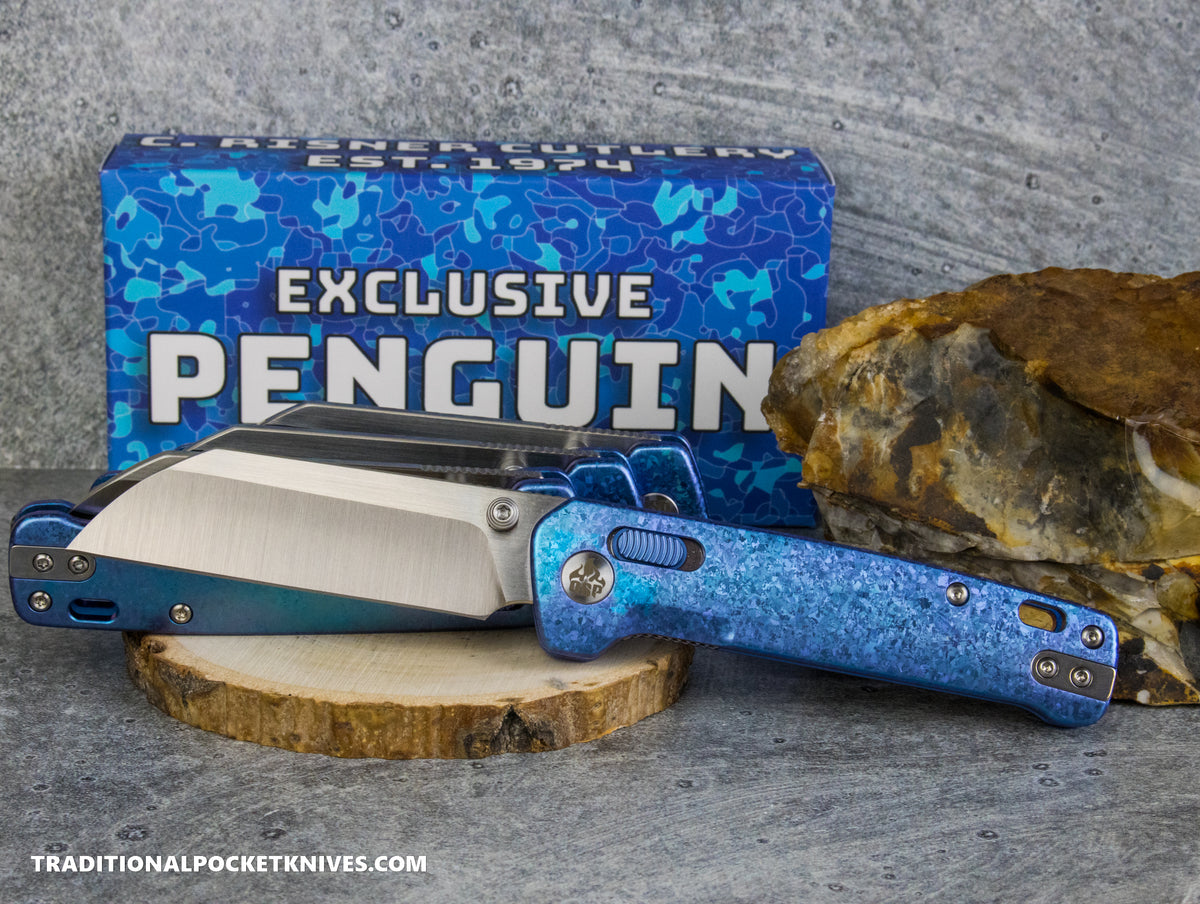 QSP Exclusive Penguin Glyde Lock Knife Blue Crystalized Titanium 154CM