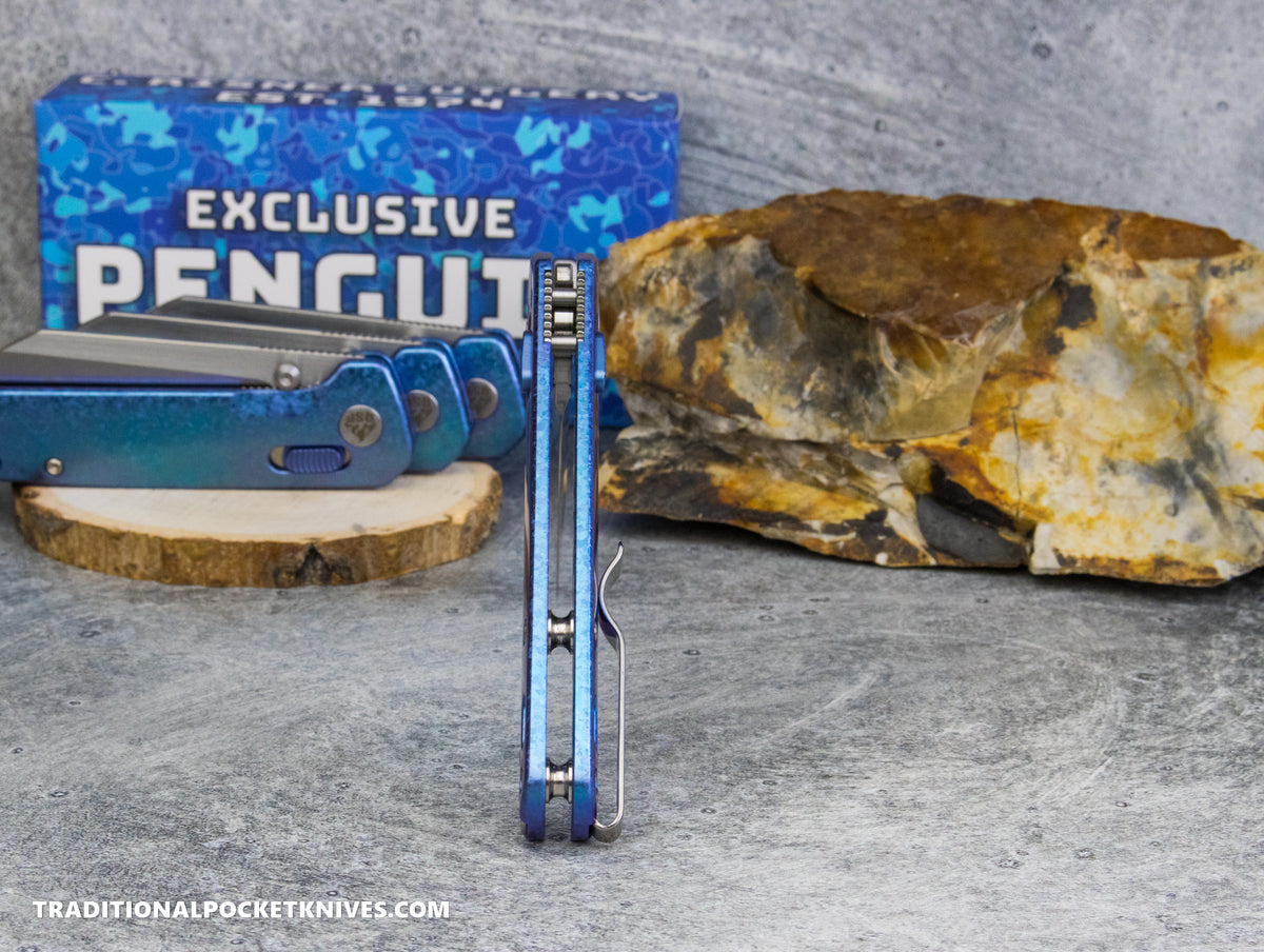 QSP Exclusive Penguin Glyde Lock Knife Blue Crystalized Titanium 154CM