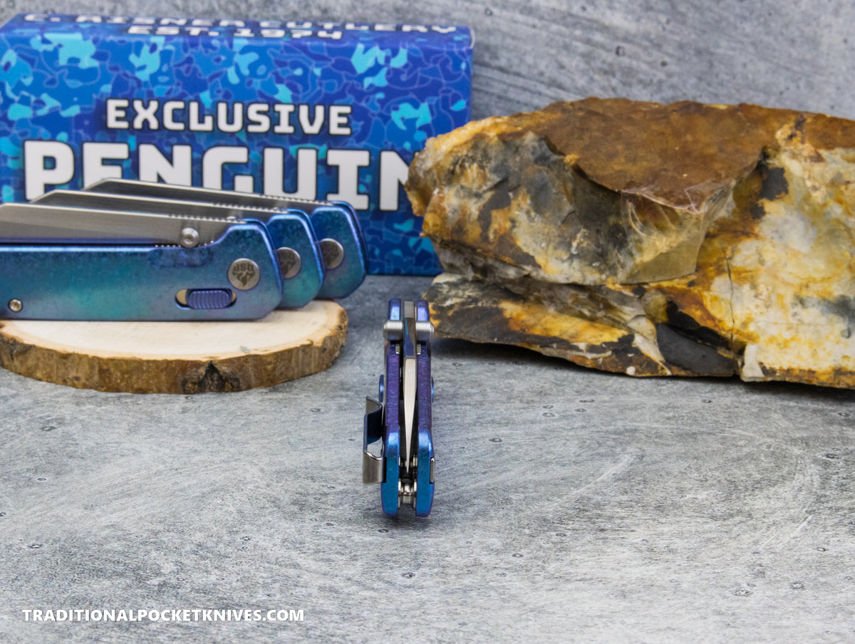 QSP Exclusive Penguin Glyde Lock Knife Blue Crystalized Titanium 154CM