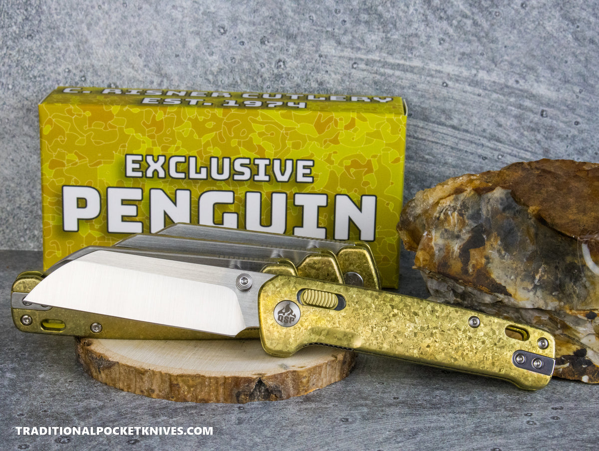 QSP Exclusive Penguin Glyde Lock Knife Gold Crystalized Titanium 154CM